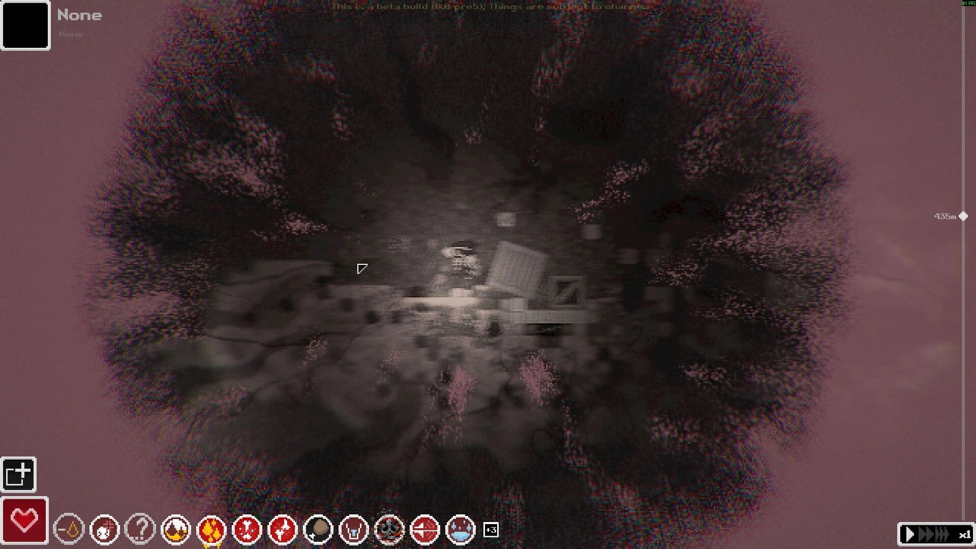 Casualties: Player stands by crates and debris in a dark cave, heavy vignette and status icons UI.