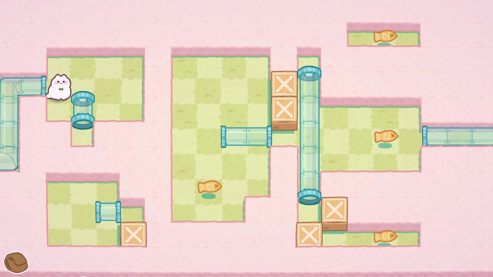Cat Squeeze: White kitten by a pipe maze with crates and fish treats on pastel green tiles.
