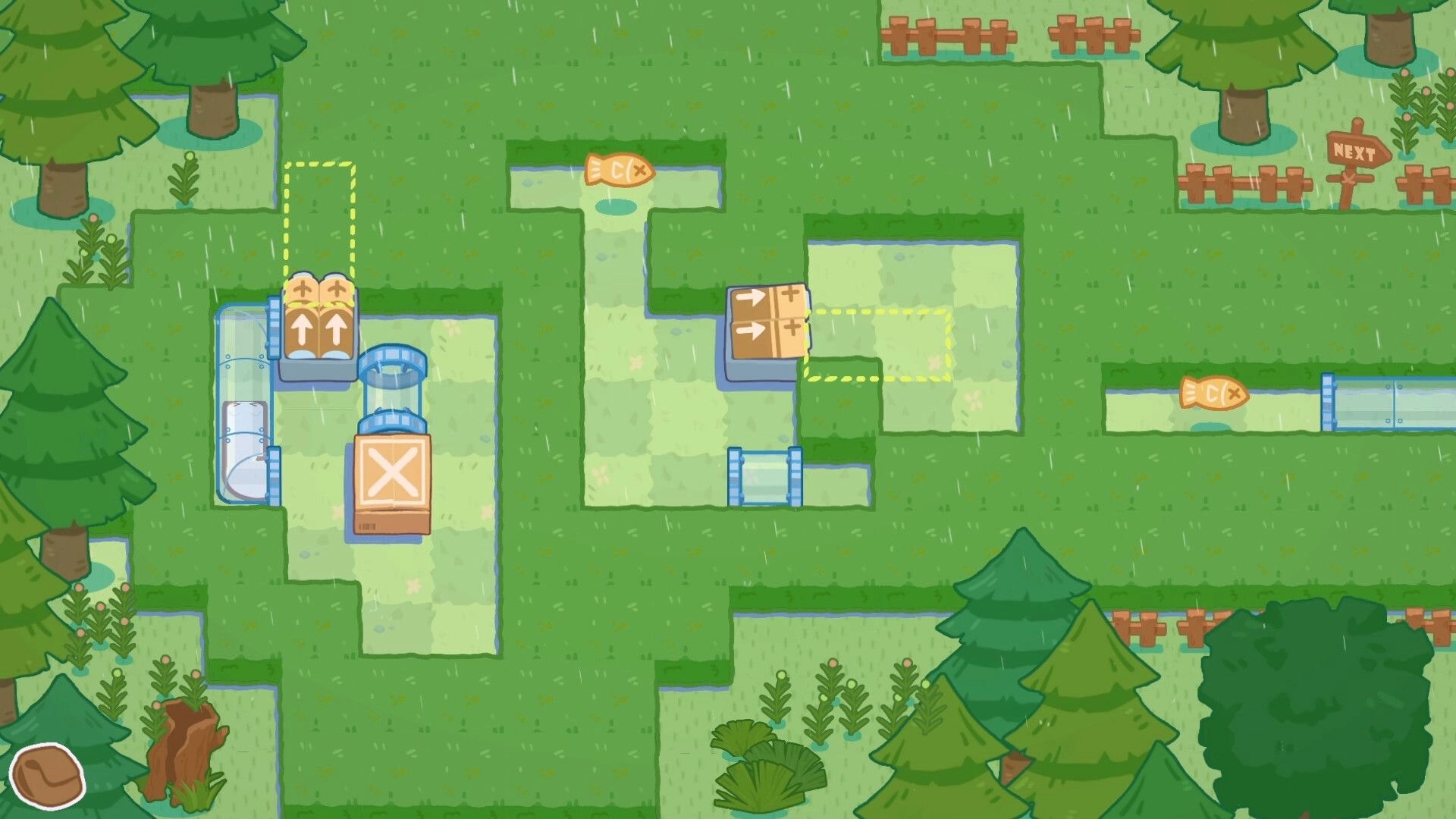 Cat Squeeze: Top-down puzzle with pipes, crates, arrow tiles and fish treats in a rainy forest maze.