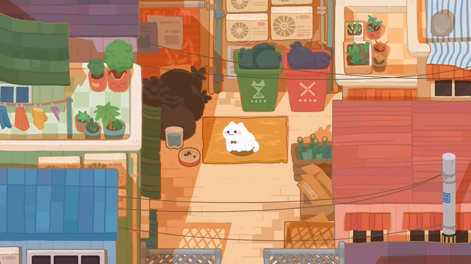 Cat Squeeze: White kitten waits on a rooftop mat beside bowls and recycling bins in a sunny alley.