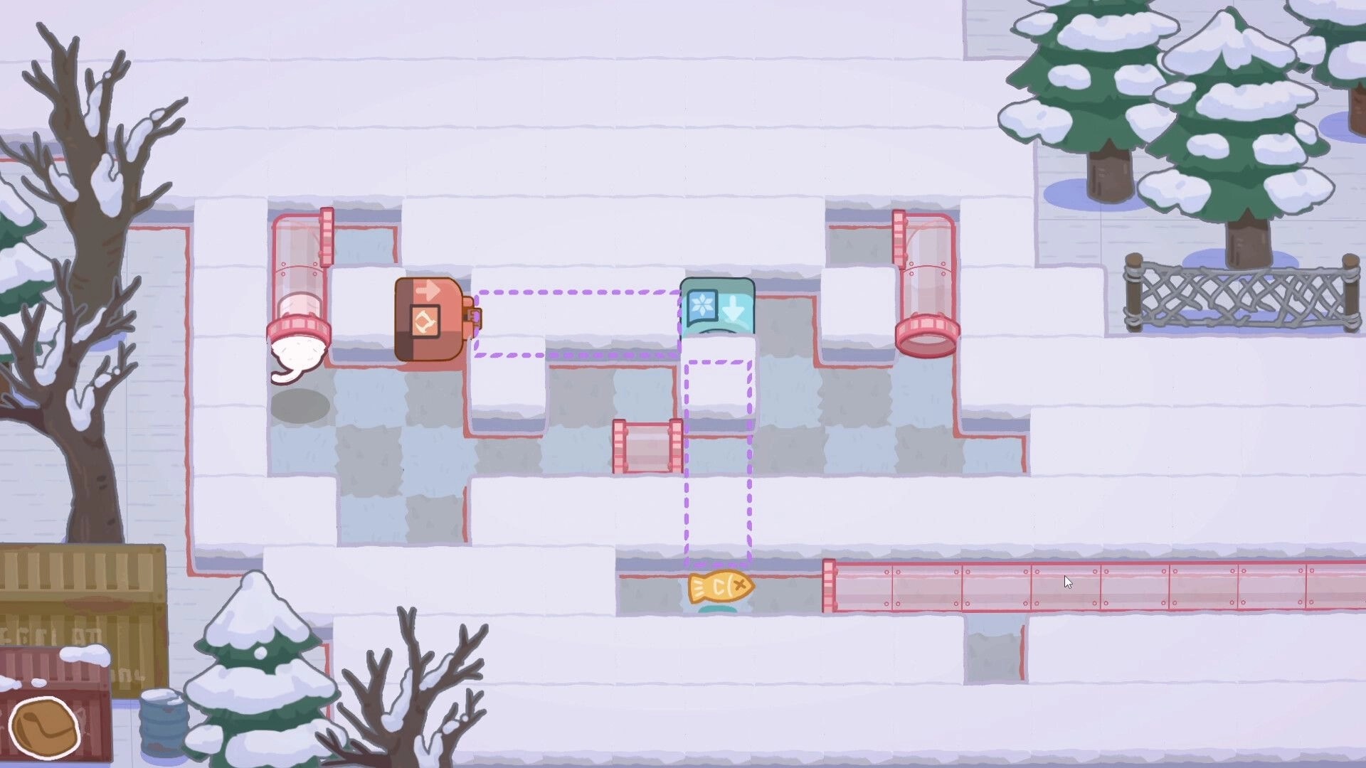 Cat Squeeze: Explosive kitten aims a dotted blast path through snowy maze with pipes, fish, and ice tile.