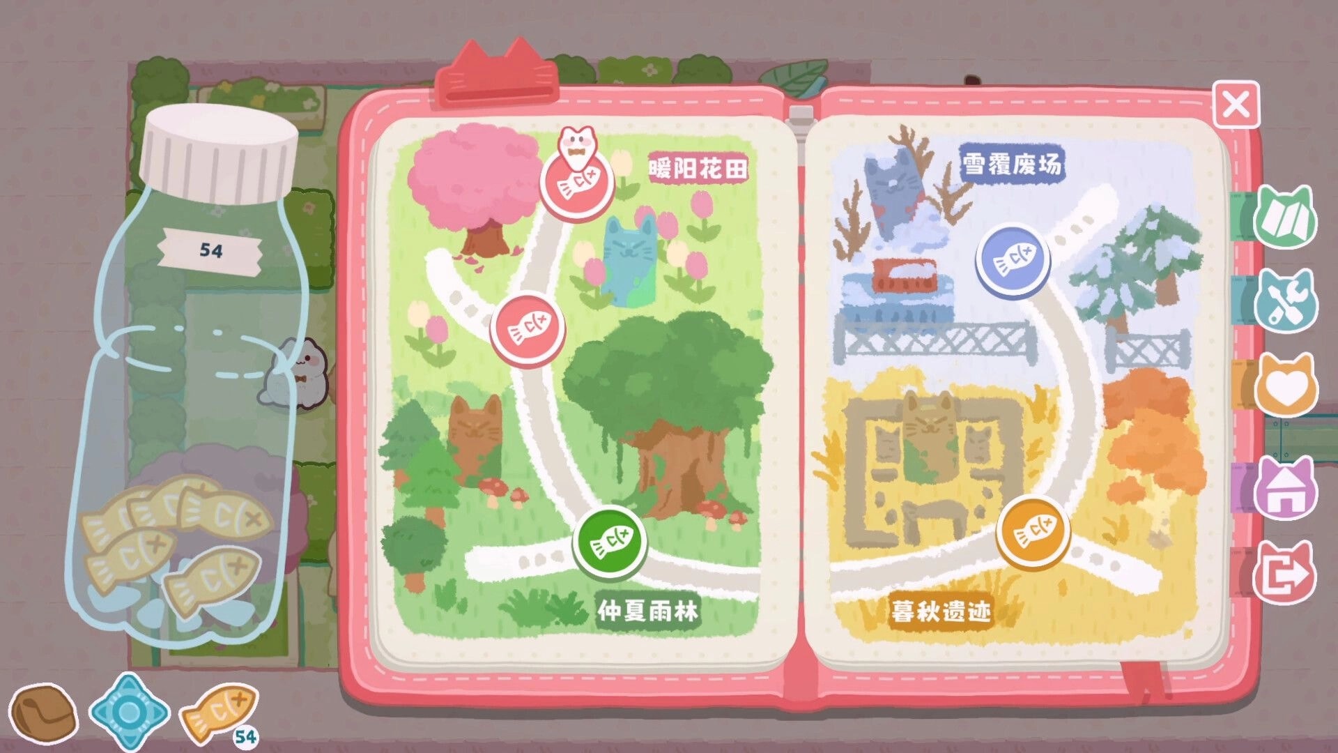 Cat Squeeze: World map book with level nodes and seasonal areas, plus fish jar counter and menu icons.