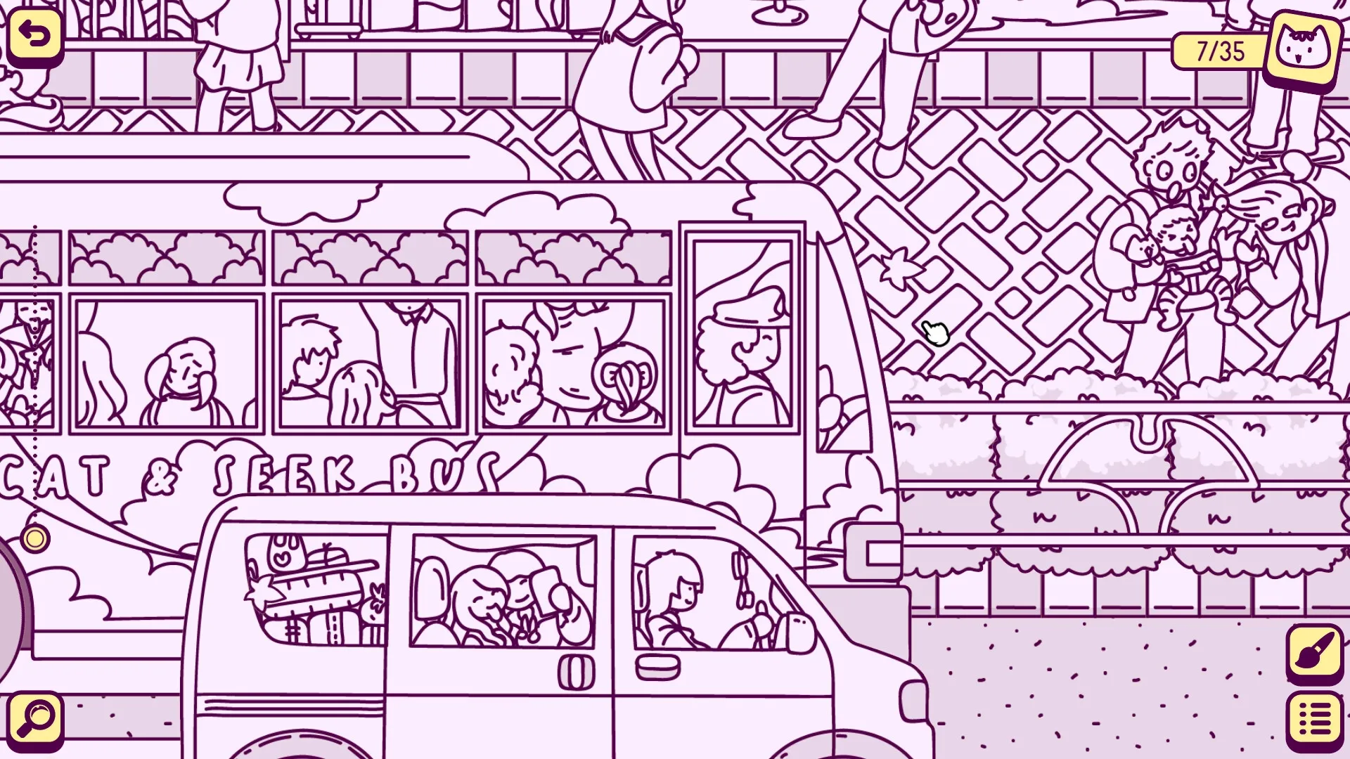 Cats and Seek: Cats riding a bus through bustling Tokyo street, passengers visible, 7/35 cats found.