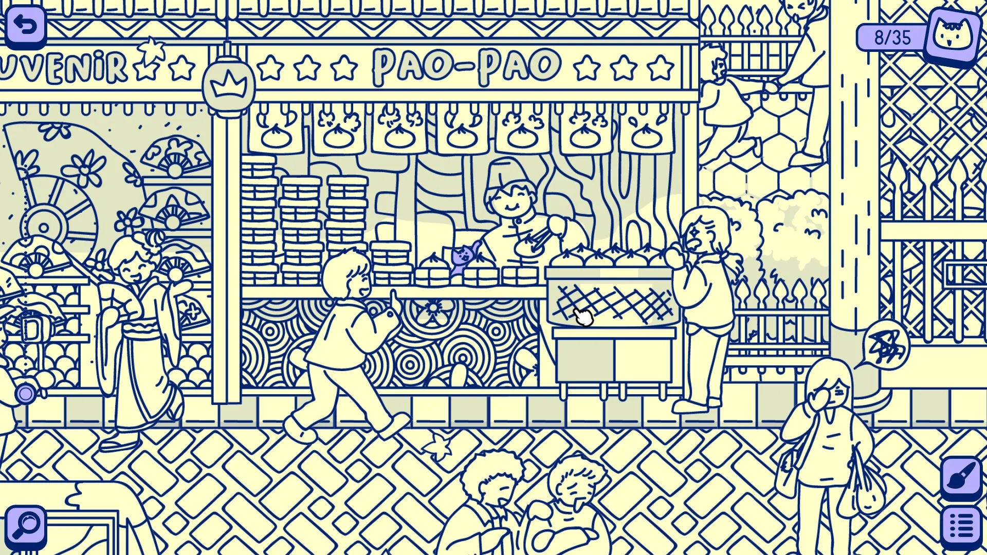 Cats and Seek: Street market scene with people buying food and hidden cats among the bustling stalls