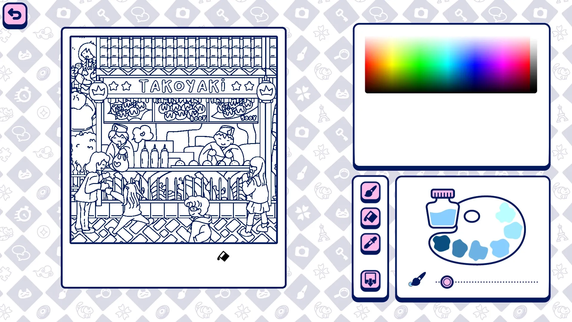 Cats and Seek: Coloring a busy Tokyo takoyaki stand scene with interactive palette and tools visible