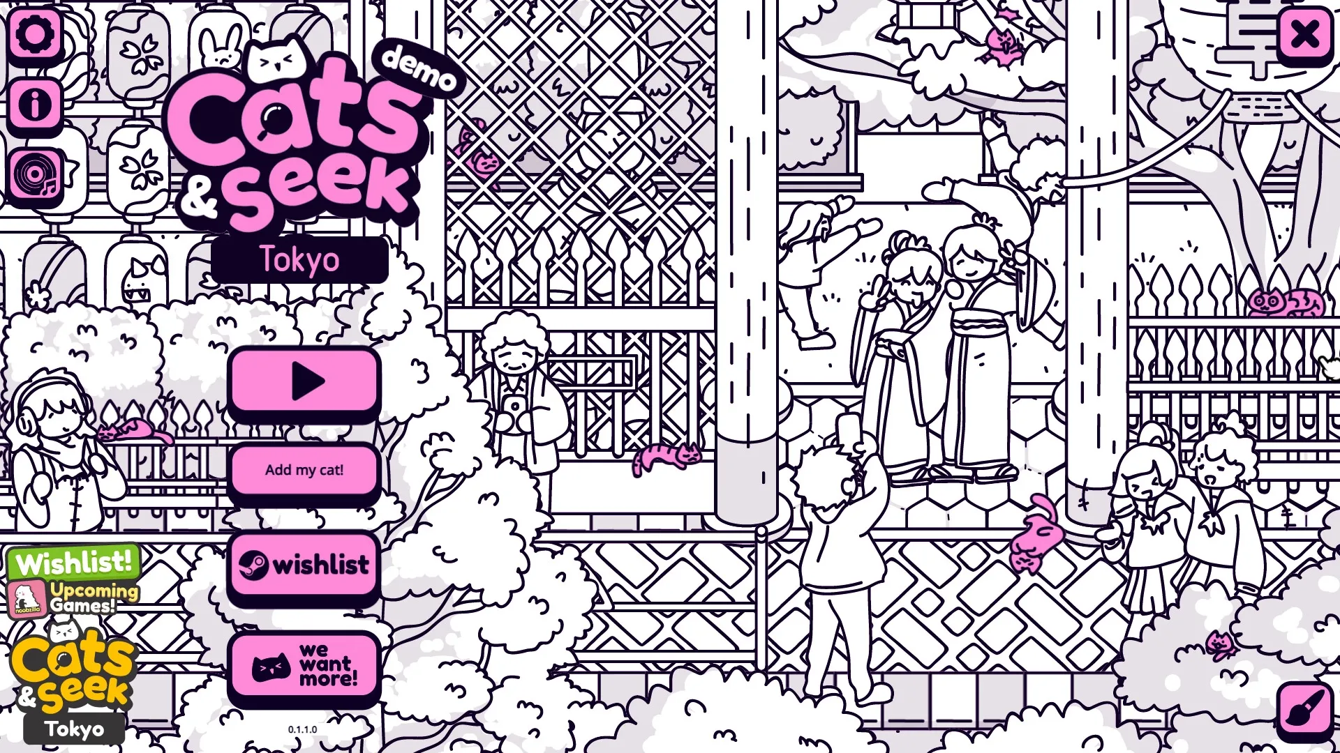 Cats and Seek: Tokyo street with cats hidden among lanterns and people, UI buttons on the left.
