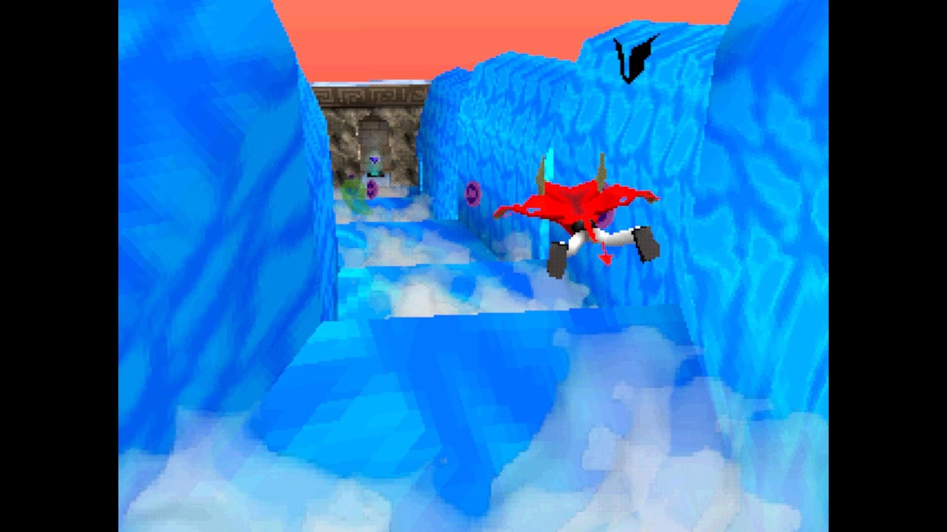 Chaos The Devil: Winged demon glides through icy blue canyon toward stone doorway and floating pickups.
