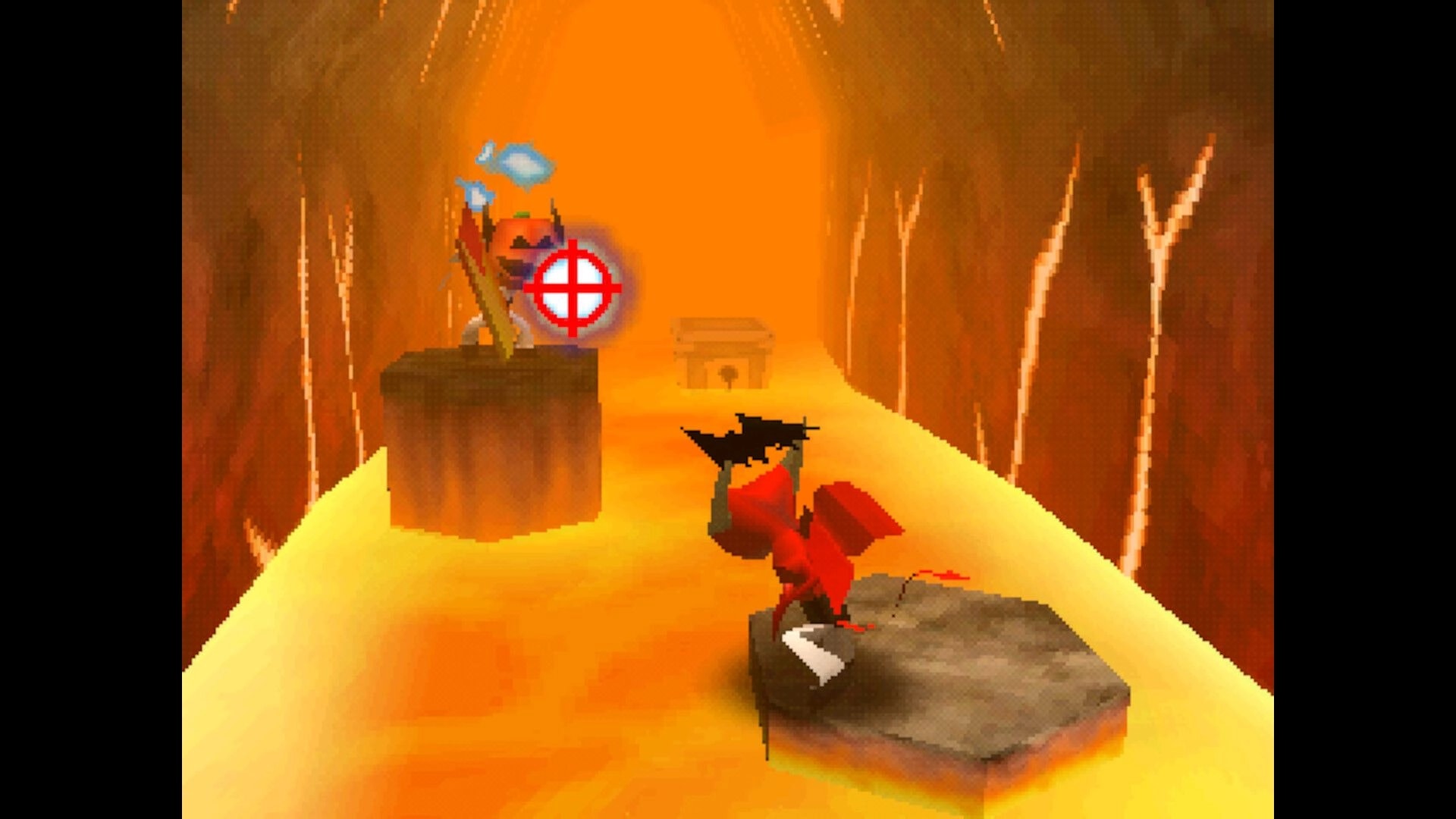 Chaos The Devil: Red demon aims at a foe with crosshair while hopping across lava canyon platforms.