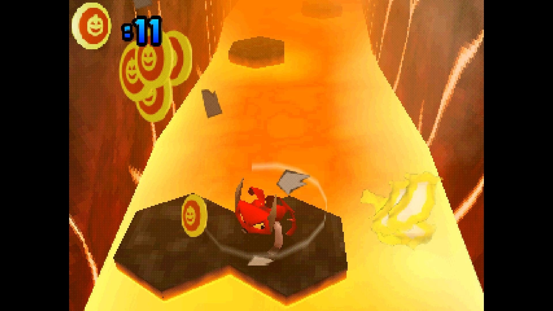 Chaos The Devil: Red devil character on a floating rock platform in lava cavern, coin counter 11 HUD.