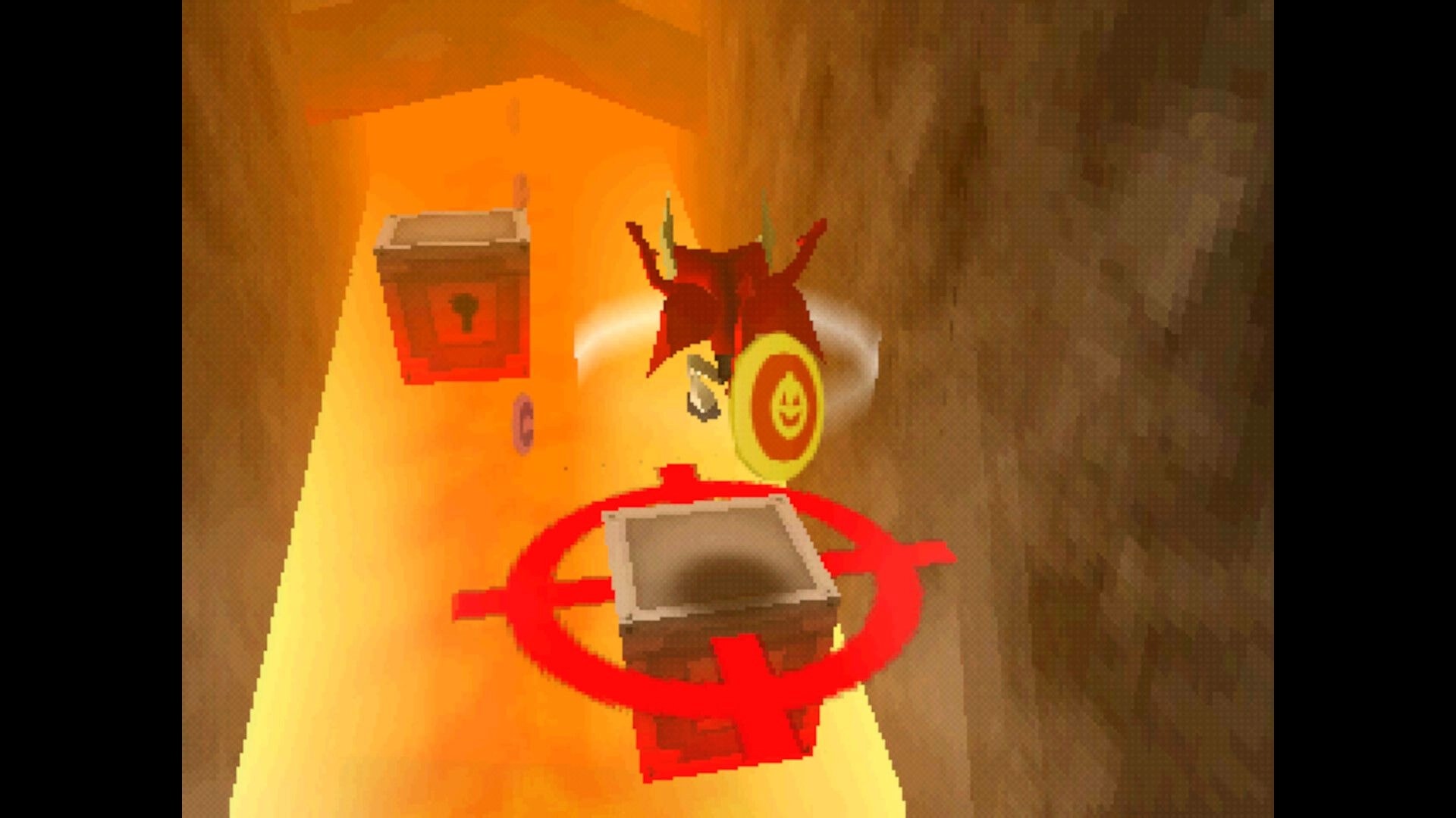 Chaos The Devil: Flying red demon collects a coin near floating chests in a glowing cave corridor.
