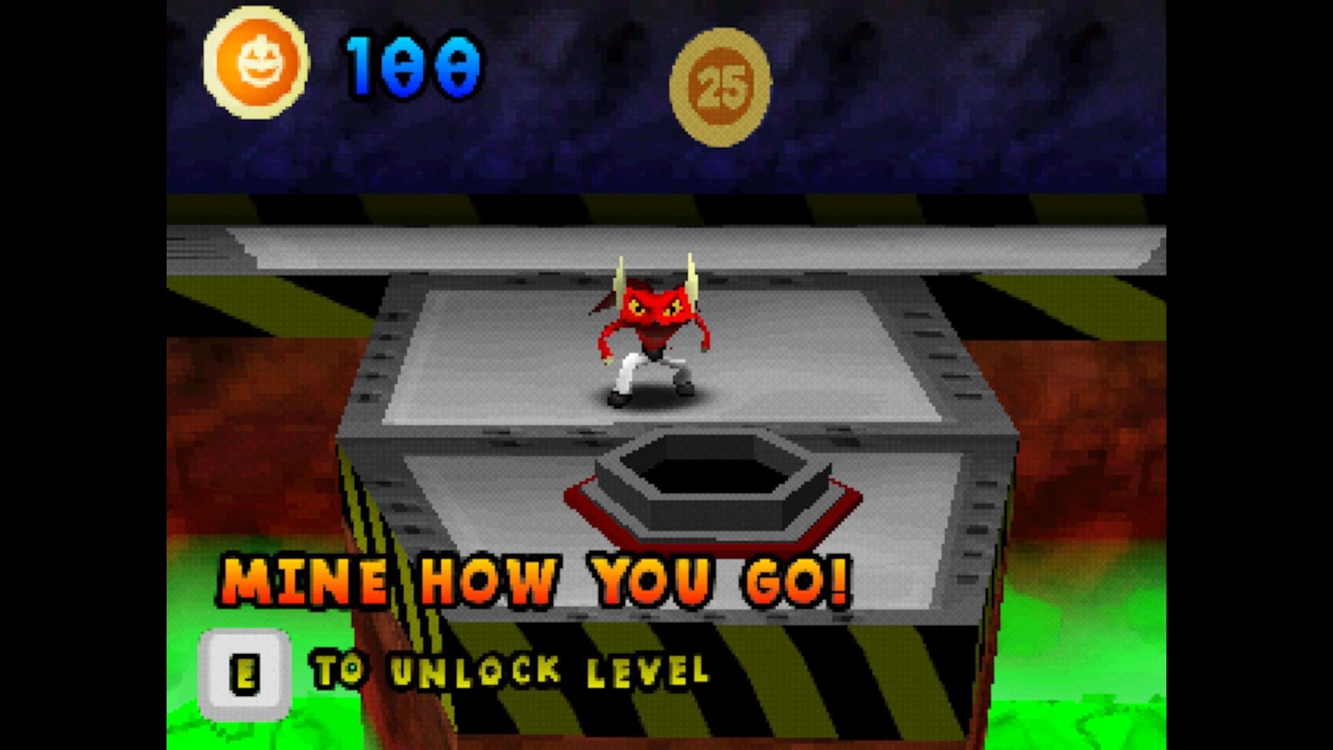 Chaos The Devil: Red devil stands on metal platform above toxic slime, prompt says MINE HOW YOU GO!.