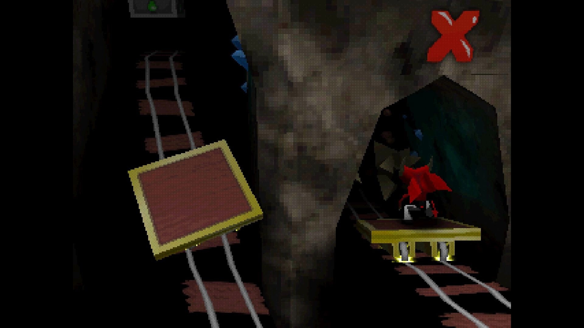 Chaos The Devil: Red-haired character rides a minecart on rails through a dark rocky cave, X icon UI.