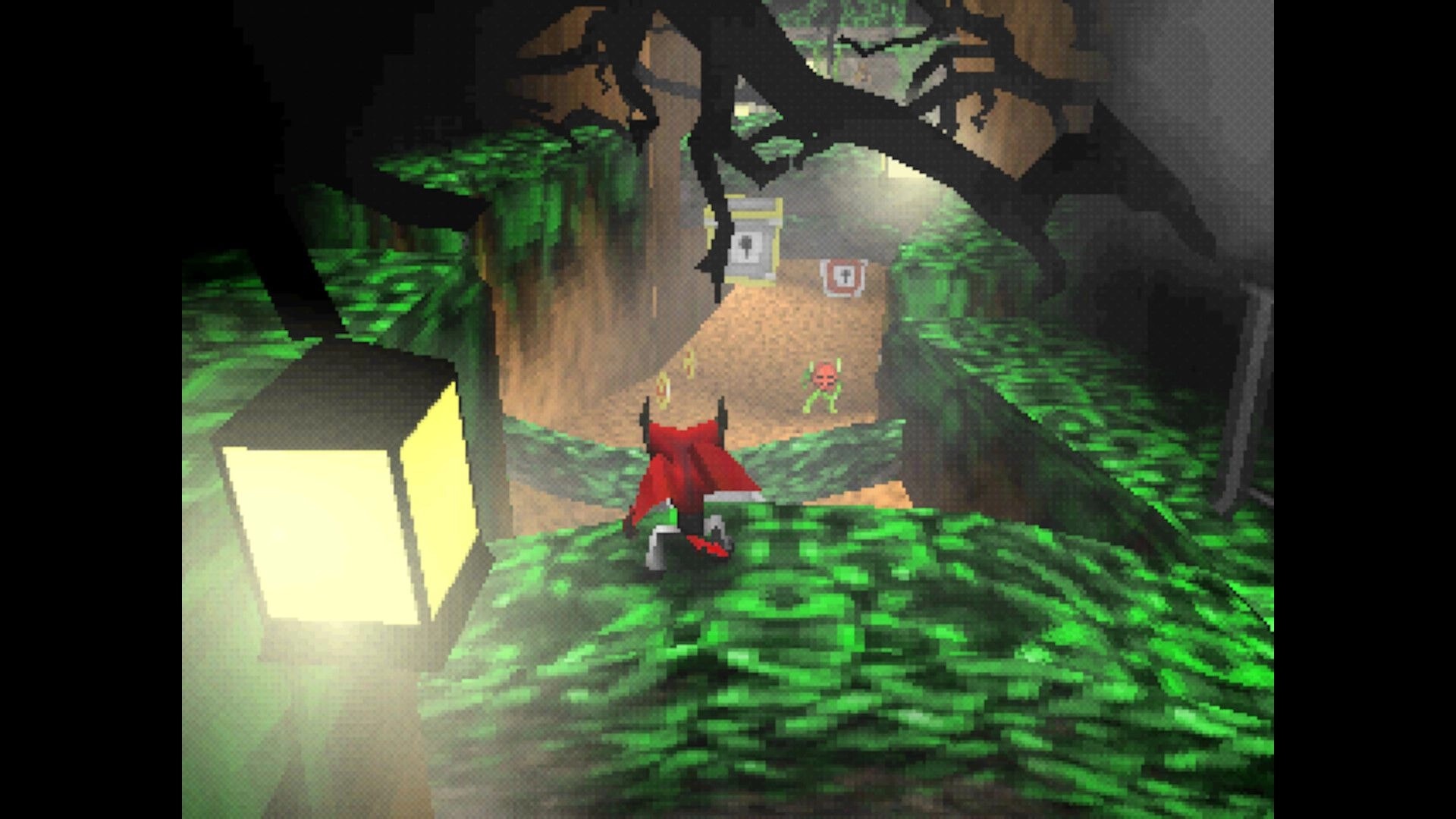 Chaos The Devil: Red devil character on mossy ledge facing a skull enemy in a dim cavern path.