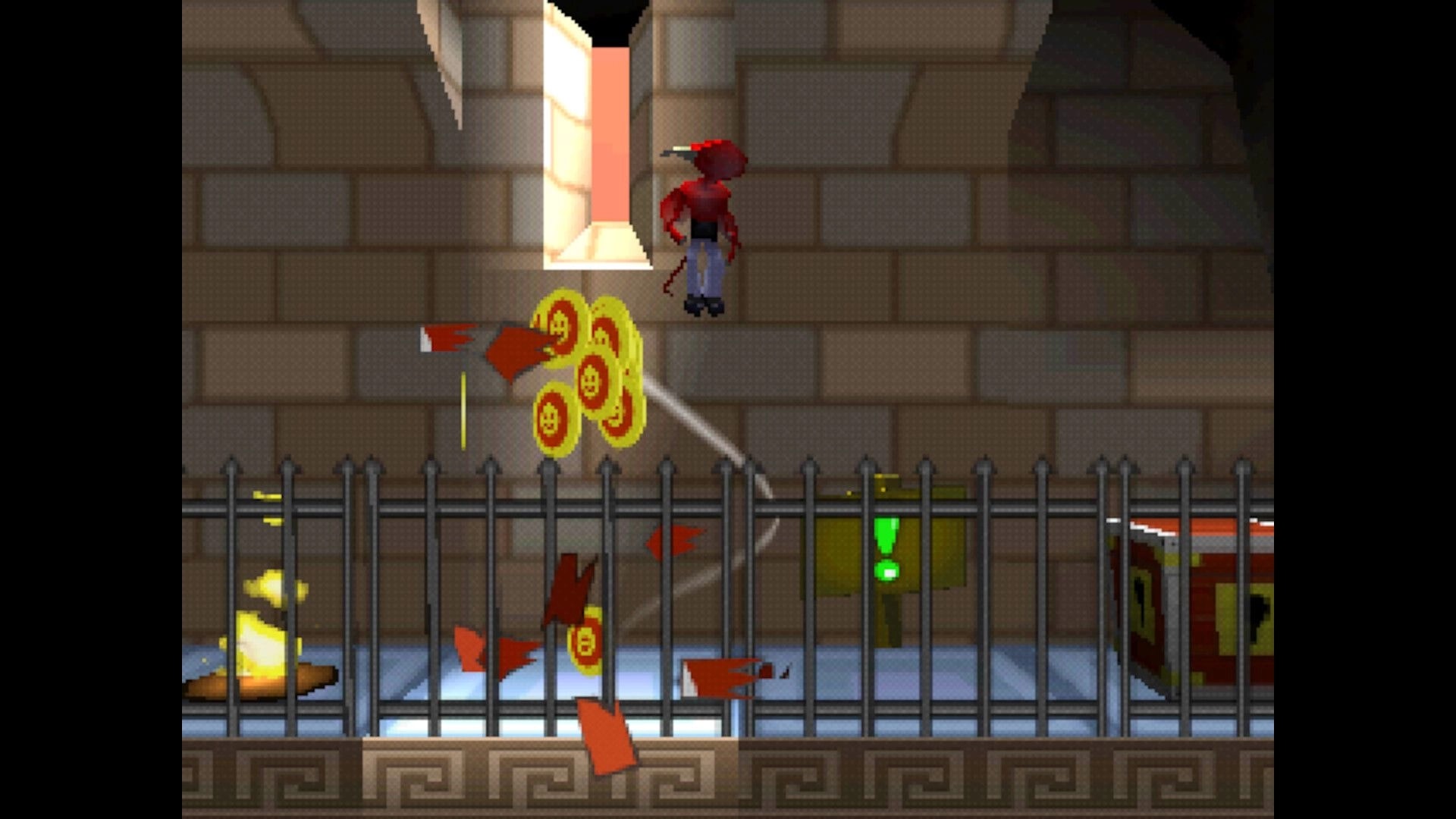 Chaos The Devil: Red imp jumps by stone wall, coins and arrows above fenced corridor with crate and sign.