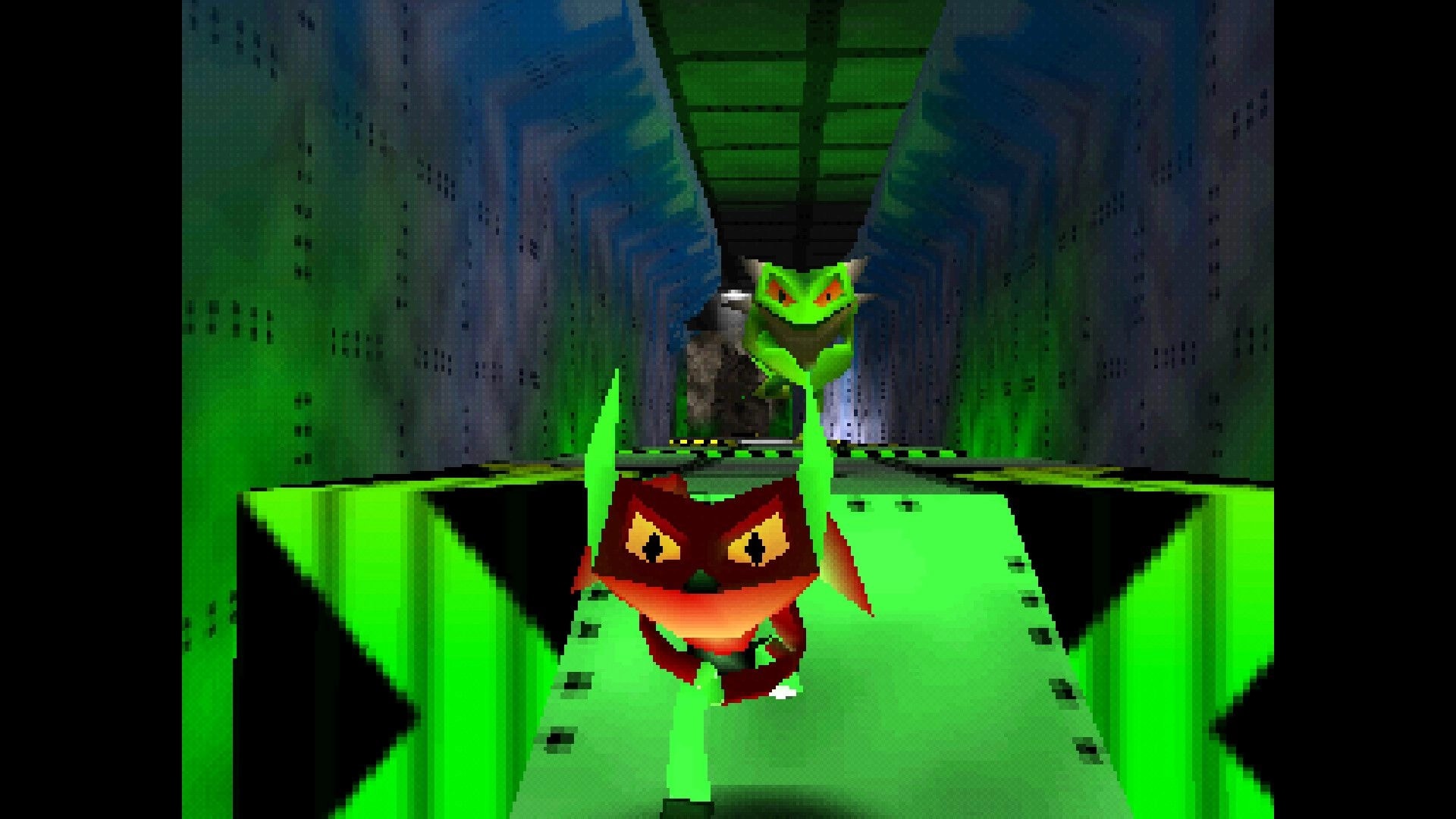 Chaos The Devil: Red creature runs on neon green platform as a horned enemy looms in metal tunnel.