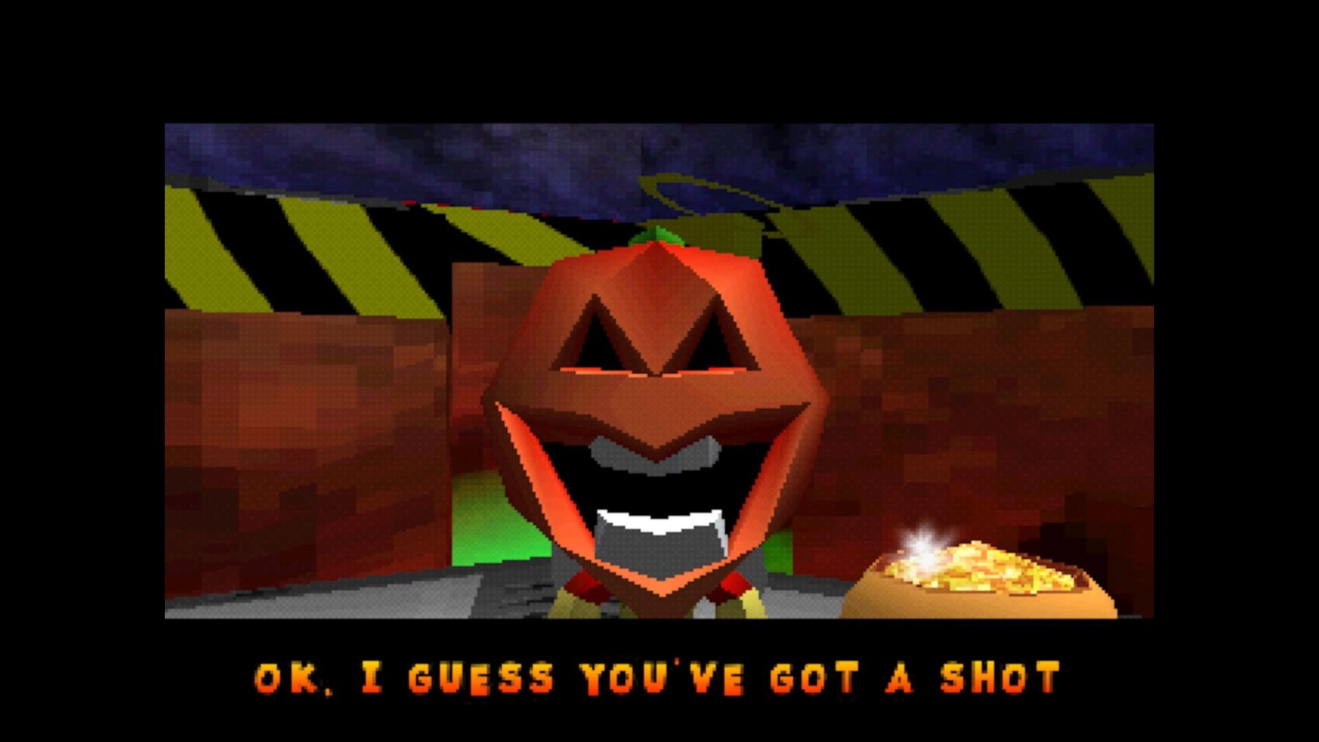 Chaos The Devil: Close-up of grinning pumpkin-faced NPC in hazard-striped room with dialogue text below.