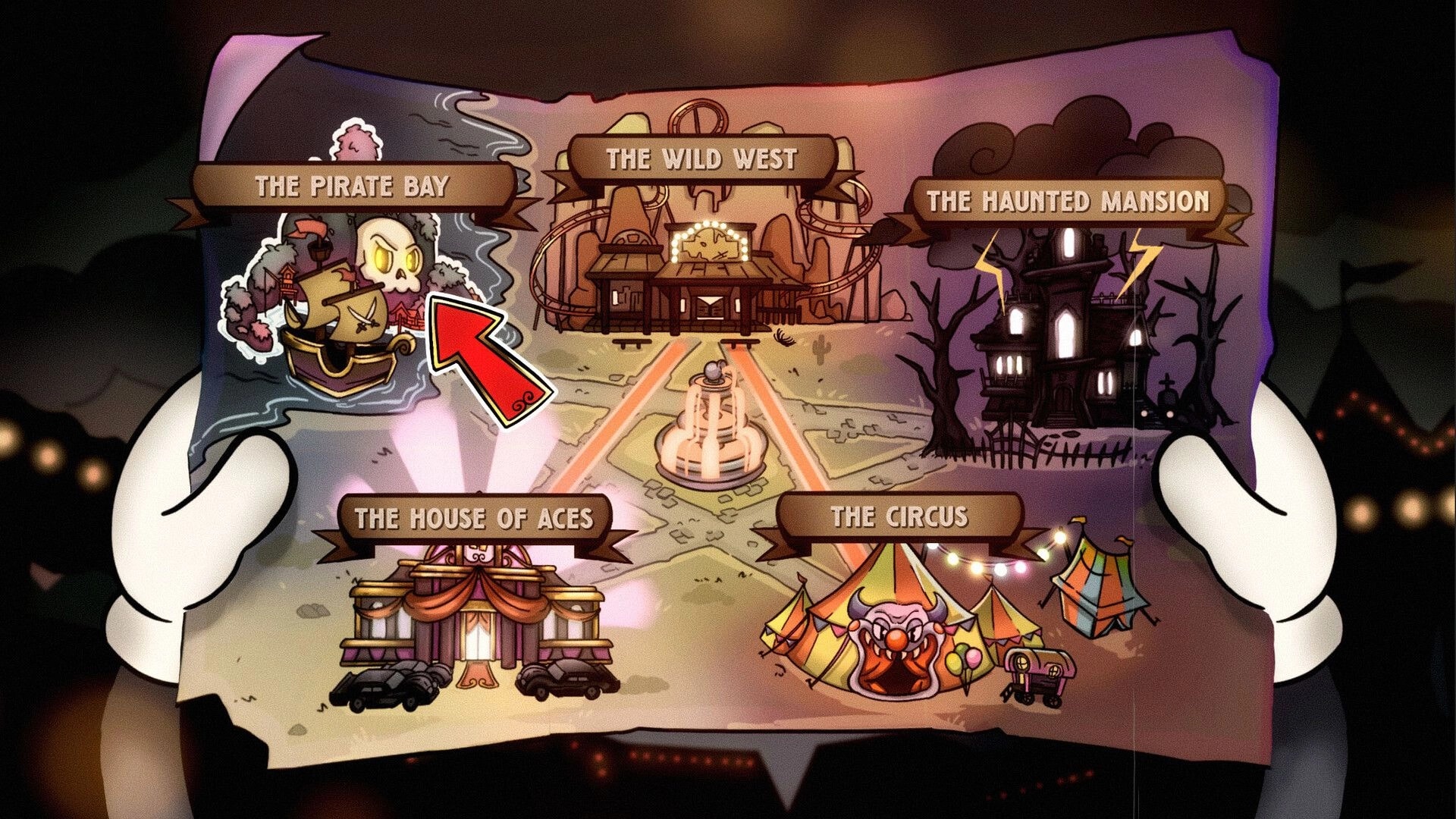 Charlatan: Amusement park map selection with labeled zones and red arrow pointing to Pirate Bay area.