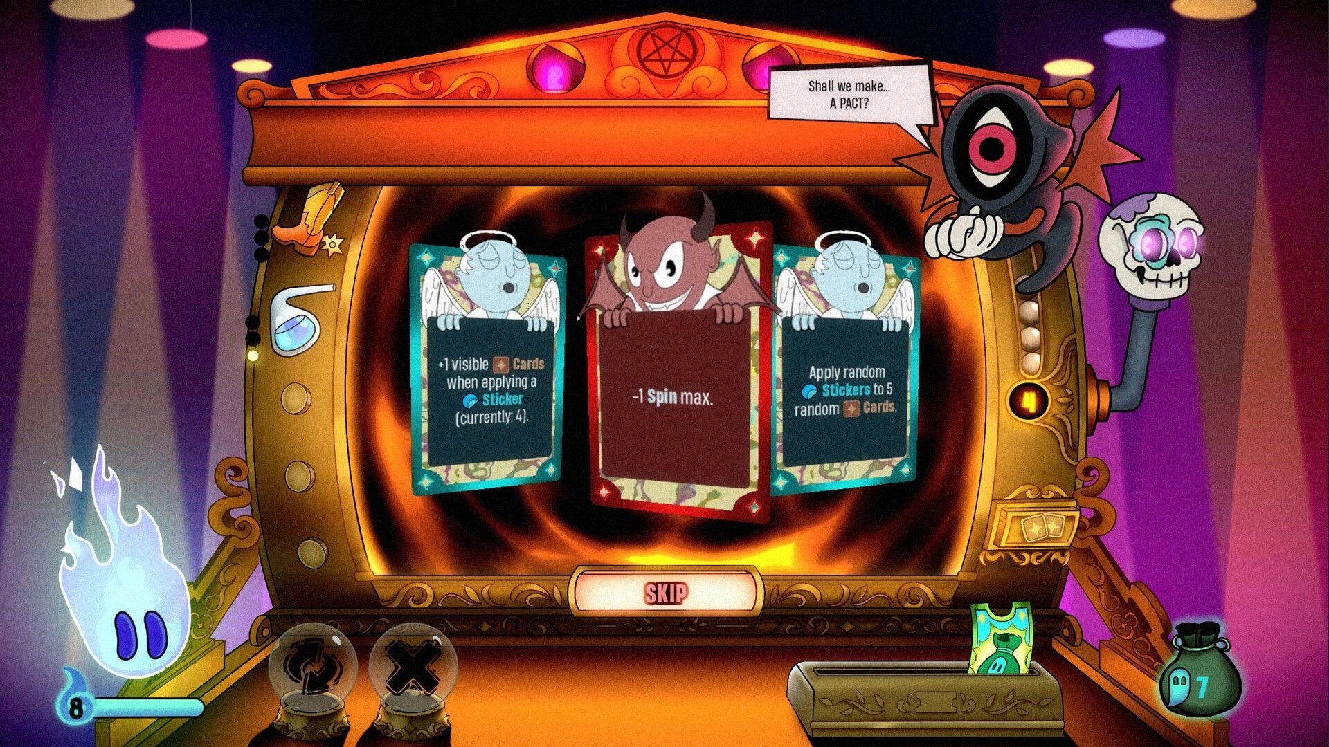 Charlatan: Pact offer screen with three modifier cards on a slot machine, eerie carnival backdrop.