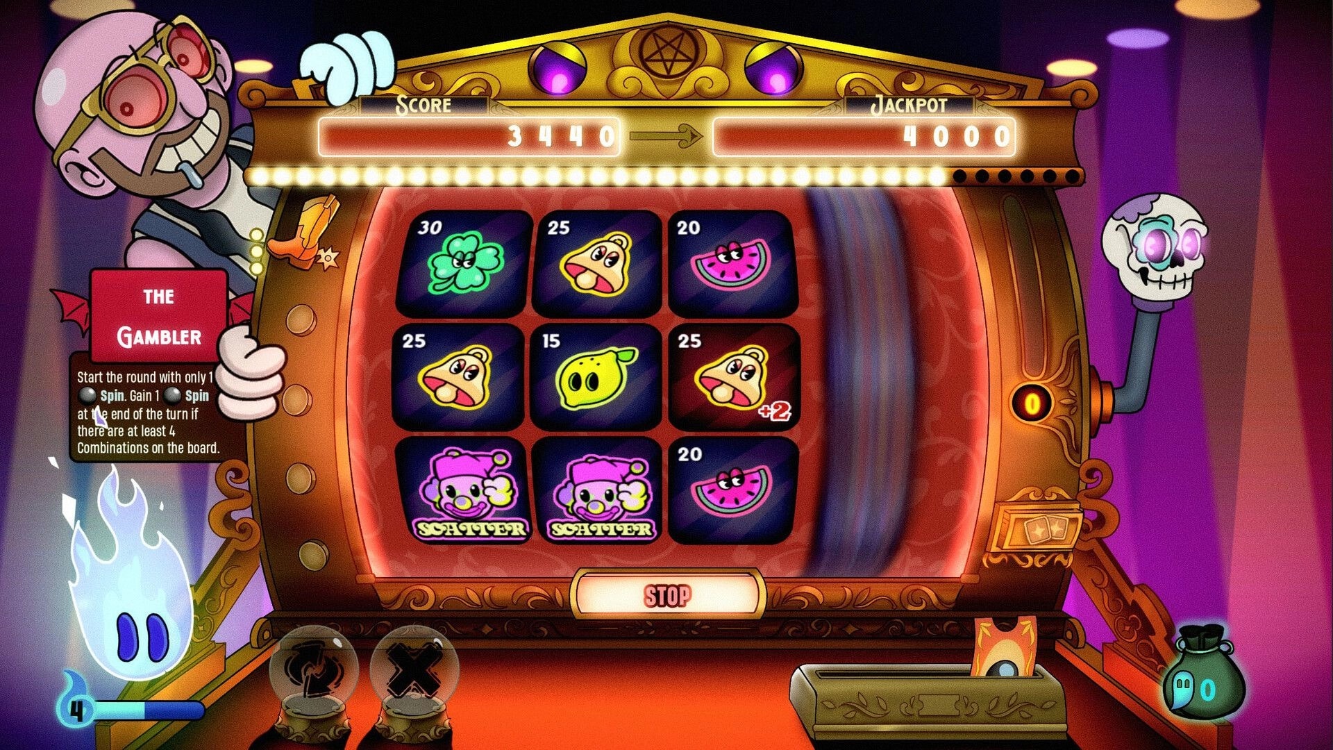 Charlatan: Slot machine reels with score and jackpot UI, The Gambler card in a neon casino booth.