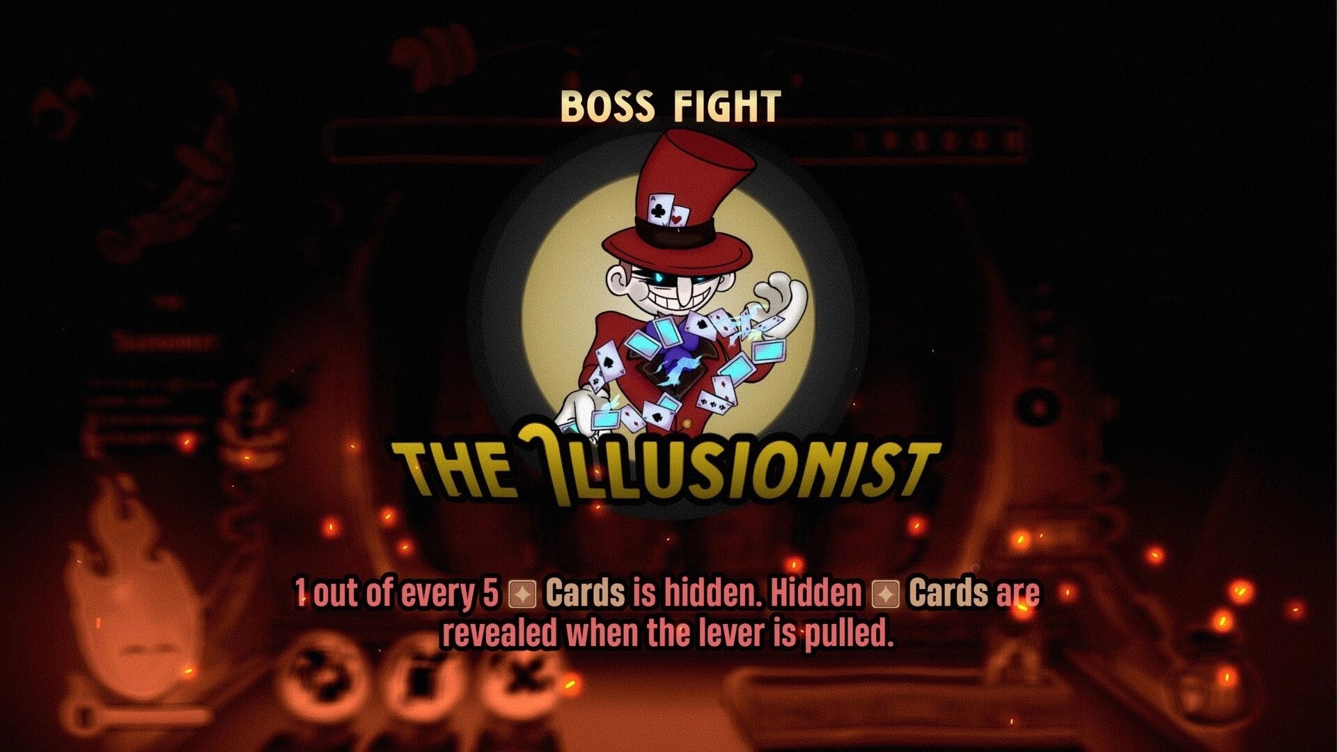 Charlatan: Boss fight title card for The Illusionist magician amid cards in a dim arcade backdrop.