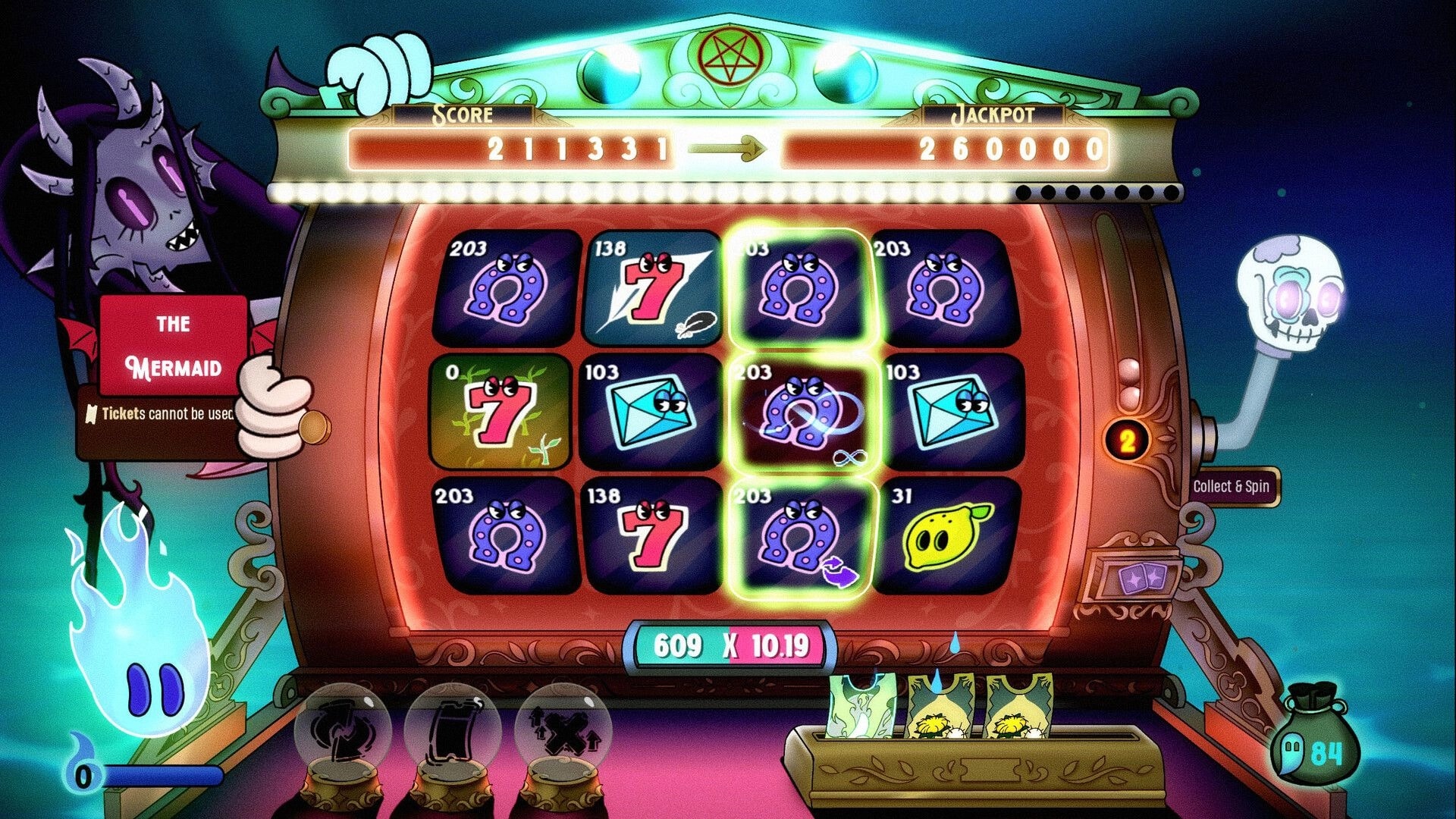 Charlatan: Slot machine reels with glowing matches, score and jackpot bars, and Mermaid card UI.
