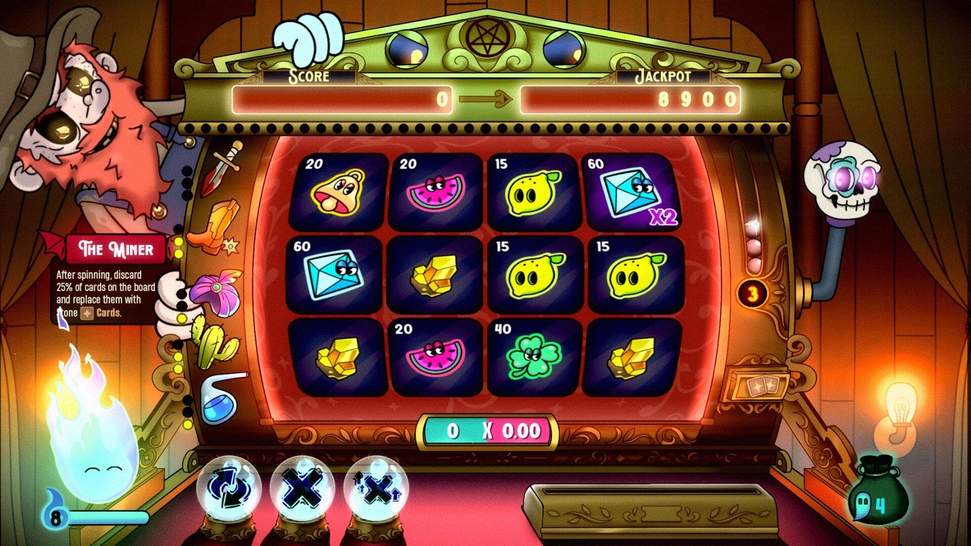 Charlatan: Slot machine board with gem and fruit icons, Miner card tooltip and score UI in casino room.