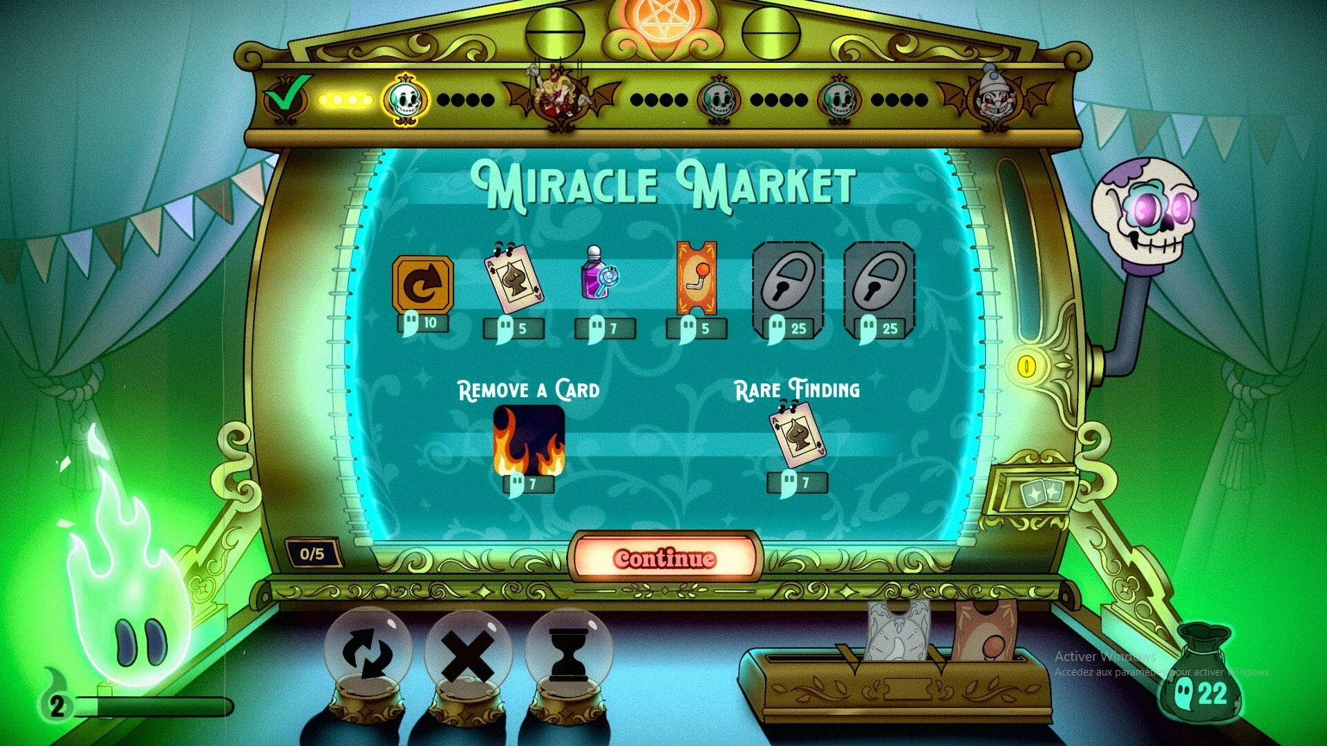 Charlatan: Miracle Market shop menu with purchasable cards and locked slots in carnival tent UI.