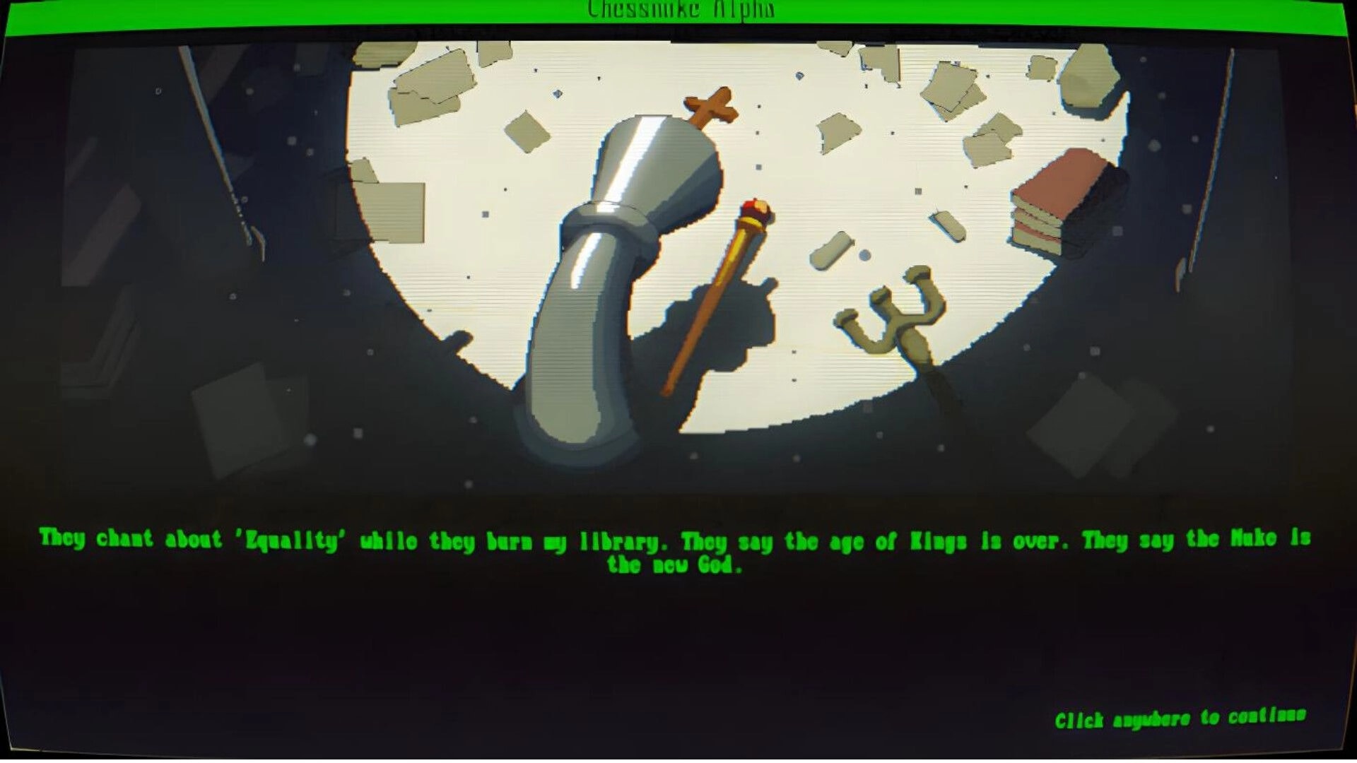 Chess Nuke: Story dialogue screen with fallen king and pieces on cratered board, click to continue.