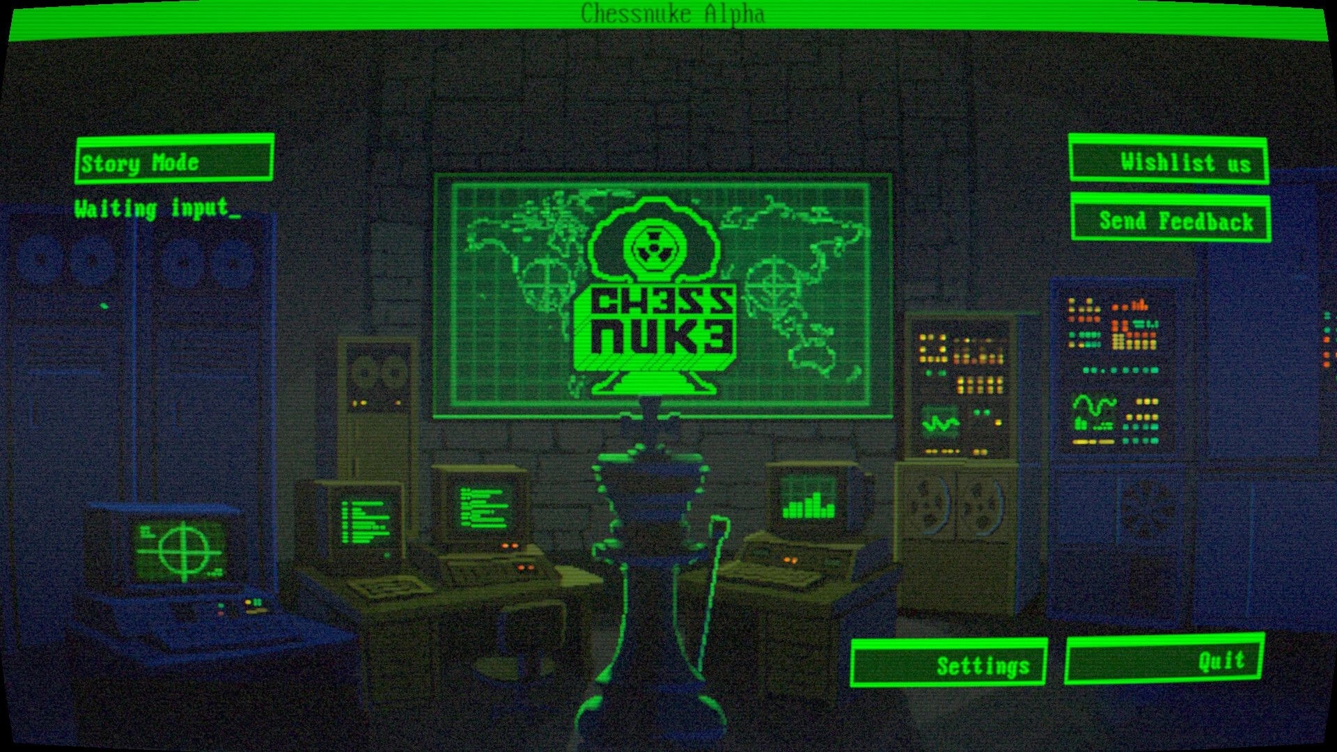 Chess Nuke: Main menu with Story Mode and buttons around a glowing green command center screen backdrop.