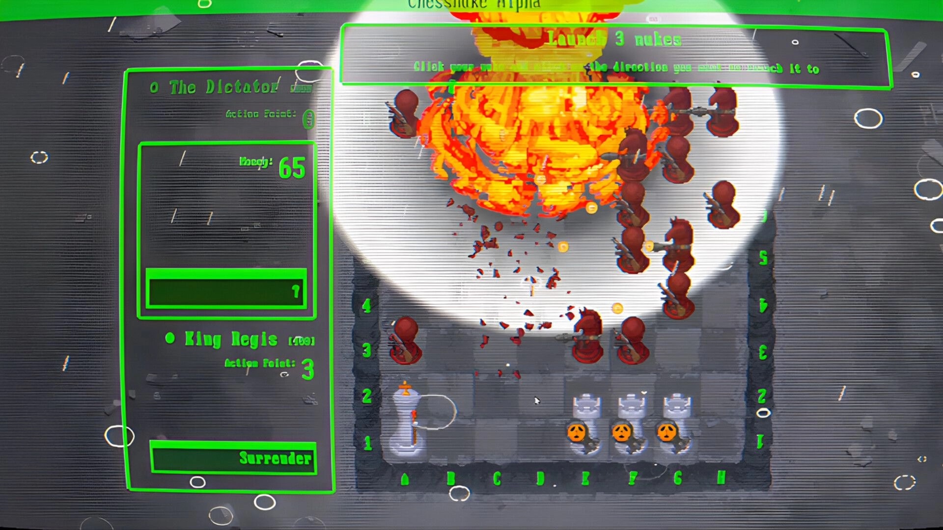 Chess Nuke: Nuclear blast hits clustered red pieces on chessboard, with enemy panel and Surrender button.