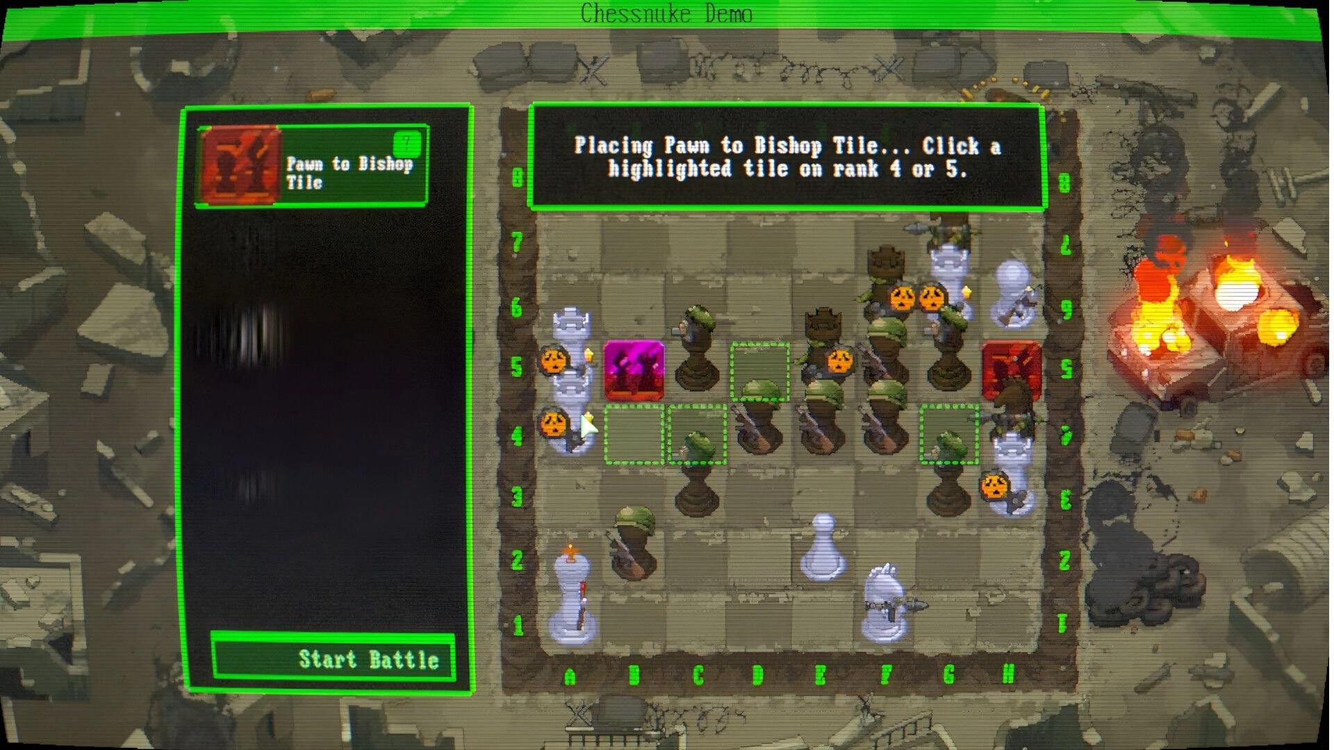Chess Nuke: Pawn-to-bishop placement prompt over chessboard, card panel and Start Battle button UI.
