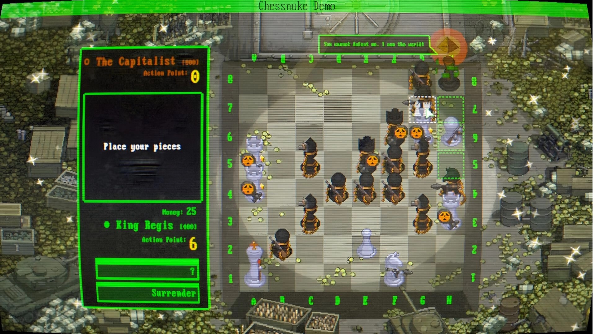 Chess Nuke: Piece placement screen with shop panel and highlighted squares on a cluttered chessboard map.