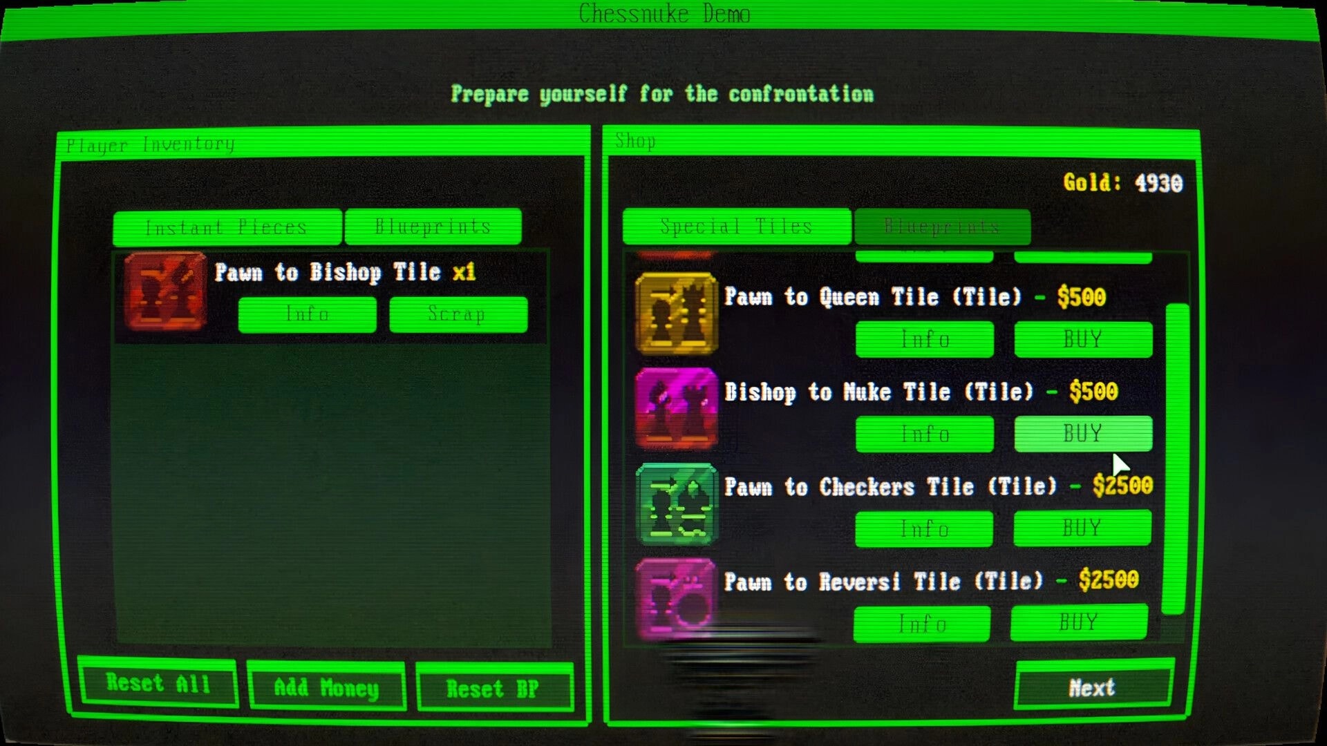 Chess Nuke: Inventory and shop menu listing upgrade tiles with gold total and buy buttons before battle.