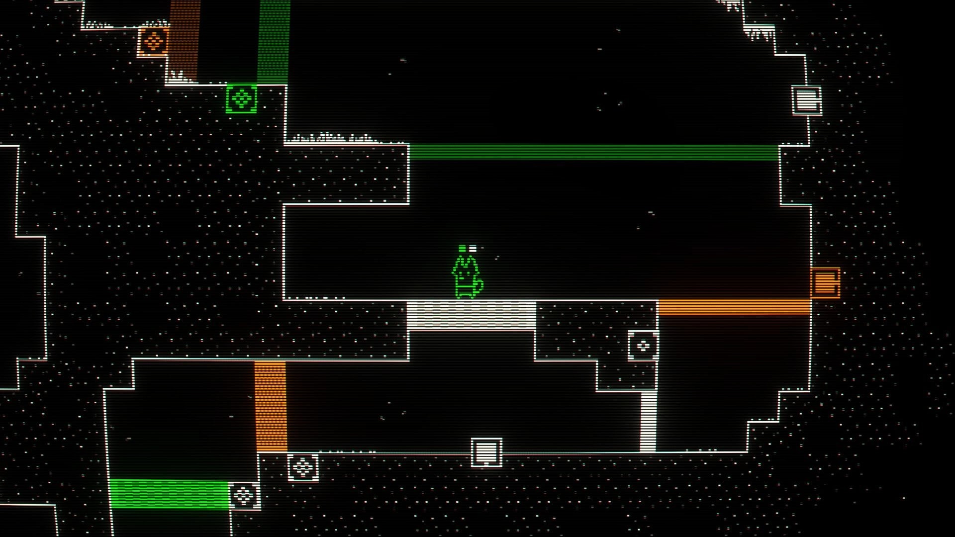 CHROMALEES: Green fox stands on a white platform amid neon green and orange corridors and switches.