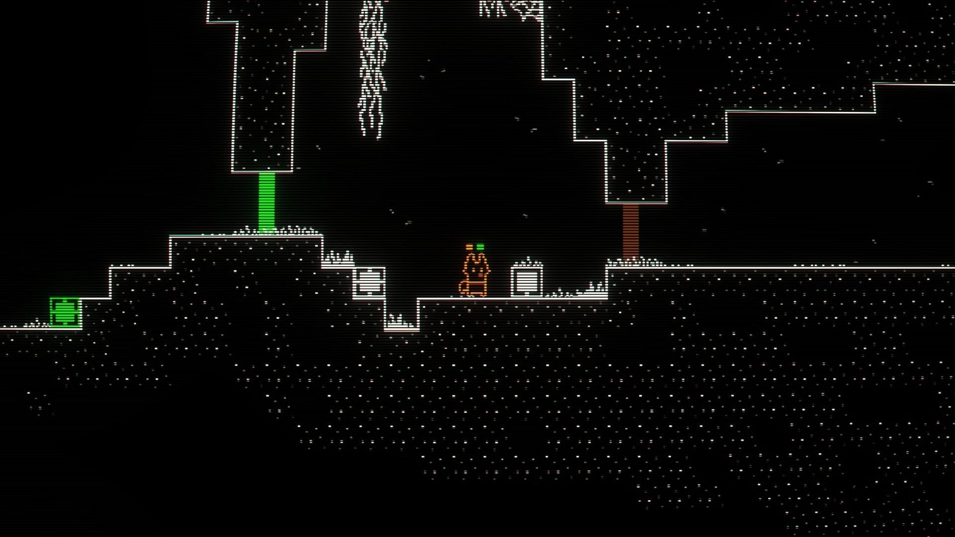 CHROMALEES: Fox sprite stands by a white terminal on dark cavern platforms with green blocks and columns.