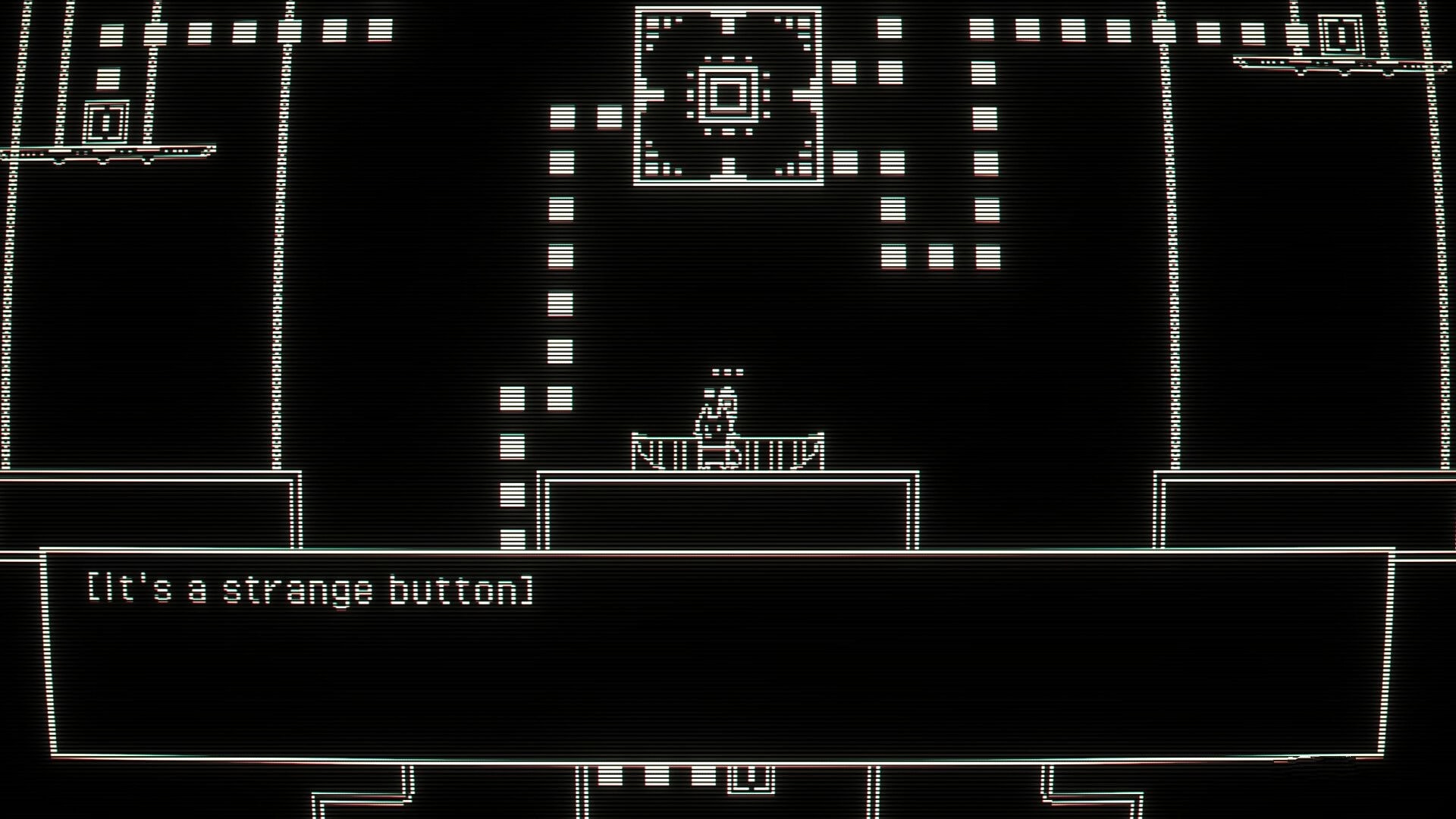 CHROMALEES: Pixel character stands by a button platform as dialogue reads "It's a strange button!".