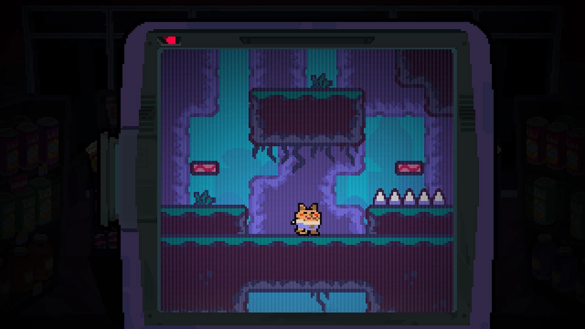 Chunky JUMP!: Bird Boy stands on platform near spikes in a cave with purple walls and ledges