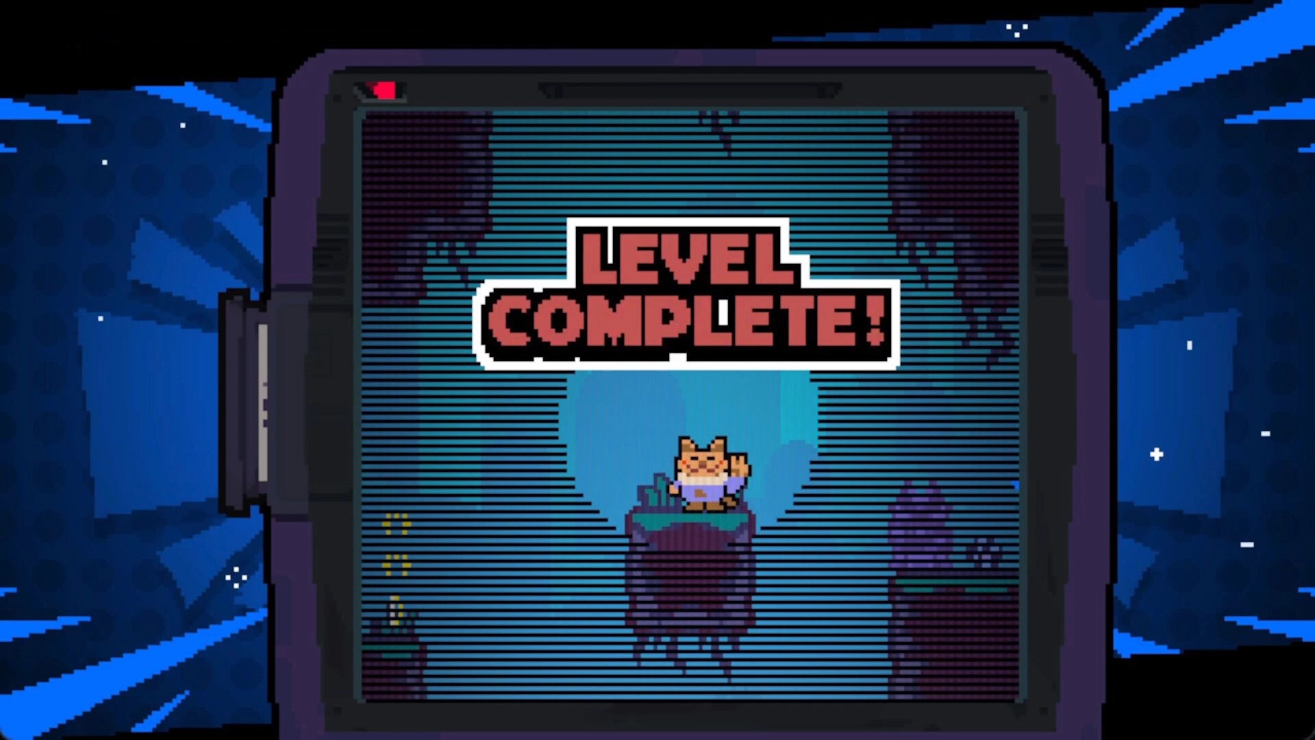 Chunky JUMP!: Bird Boy stands on platform under "LEVEL COMPLETE!" text in dark, pixelated environment.