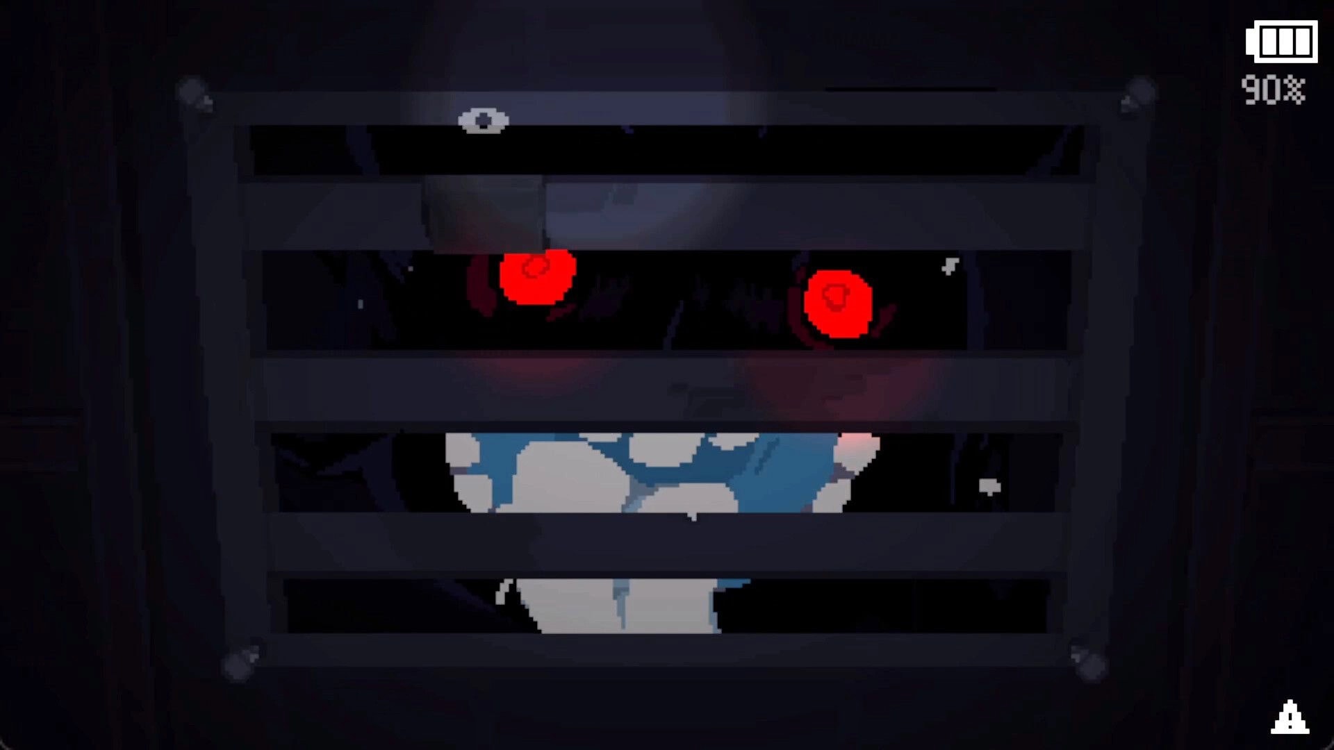 Chunky JUMP!: Ghabbit's glowing red eyes peer through vent in a dark setting, battery at 90%