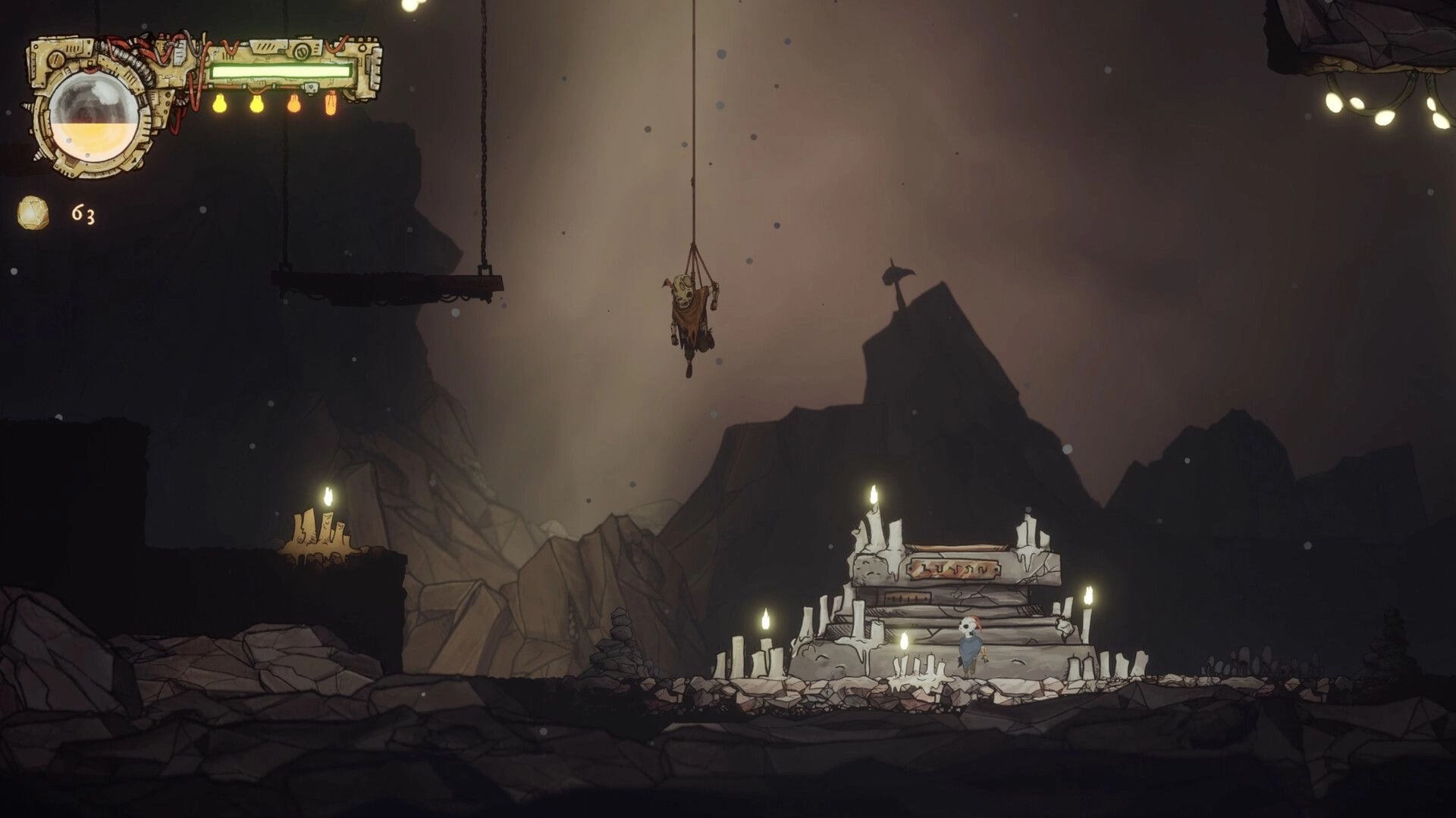 Cliff Kingdom: Mothboy stands by a candlelit altar as a hanging enemy drops in a dark cave chamber.