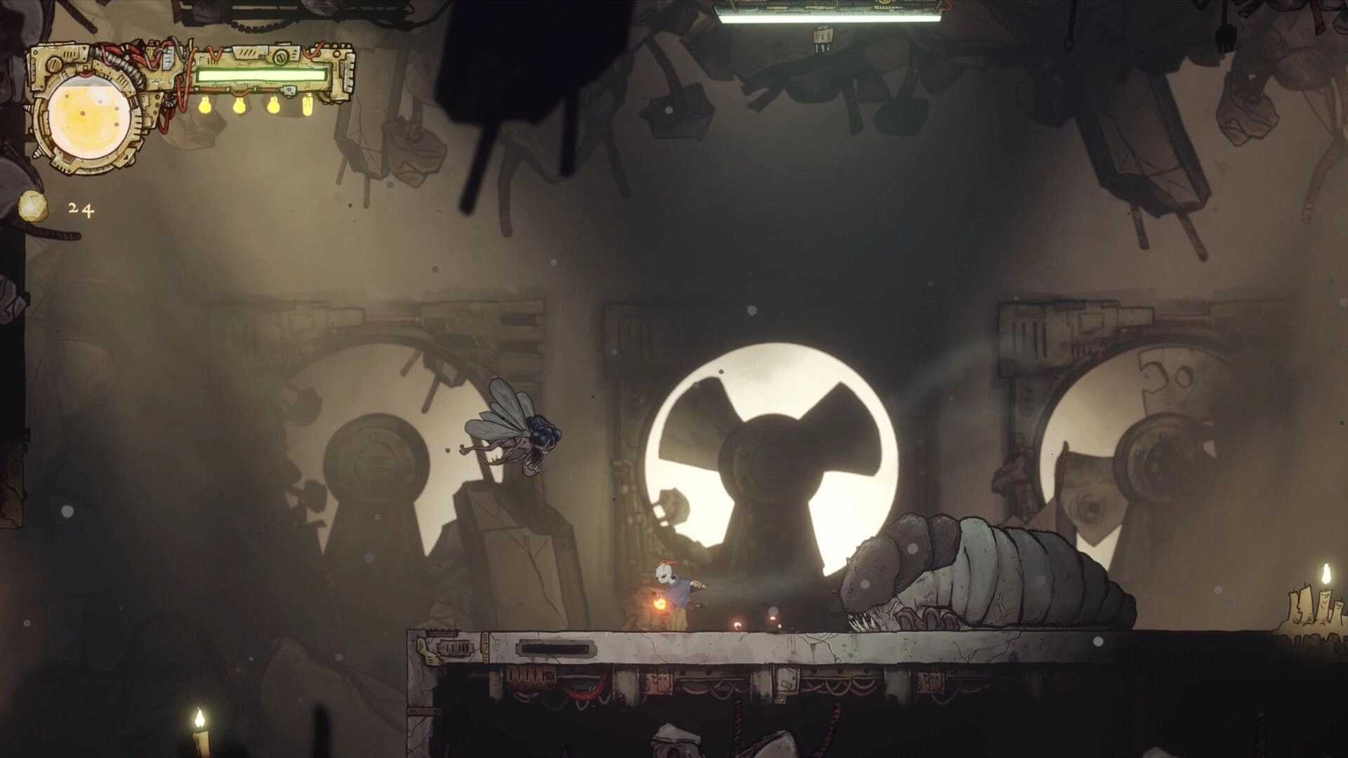 Cliff Kingdom: Mothboy with a lantern faces a giant grub in a dim factory with spinning fans and HUD.