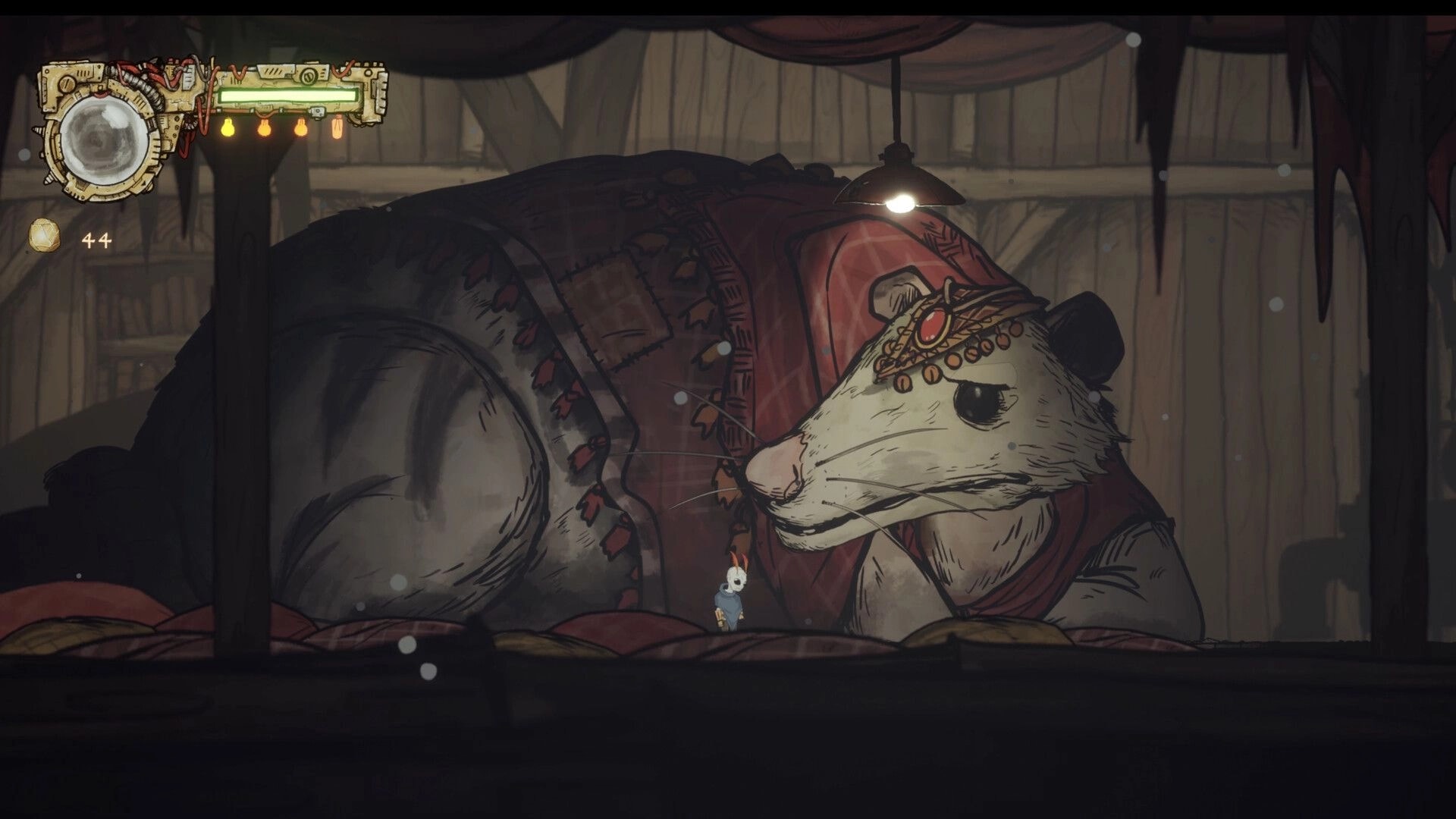 Cliff Kingdom: Mothboy stands by a giant sleeping rat in a dim wooden room, HUD shows 44 coins.