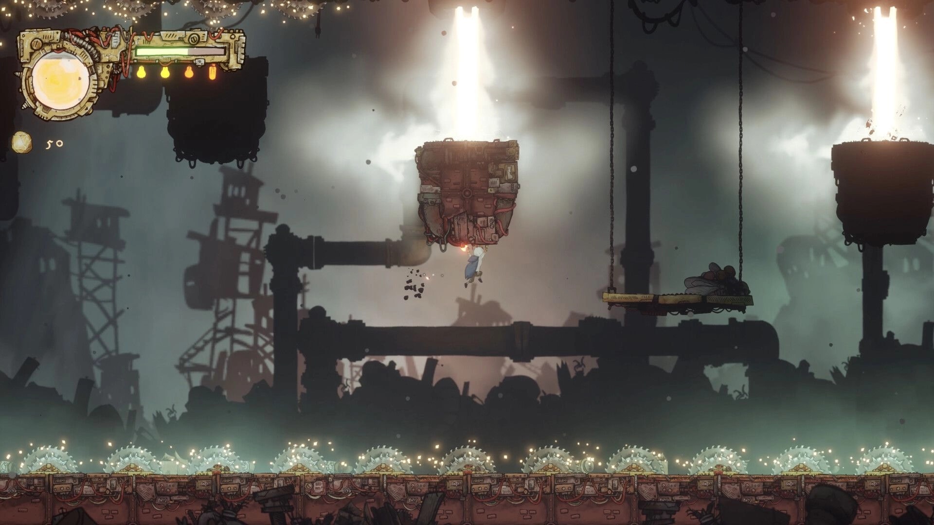 Cliff Kingdom: Player hangs from a floating metal block in foggy ruins, HUD with health and coins visible.
