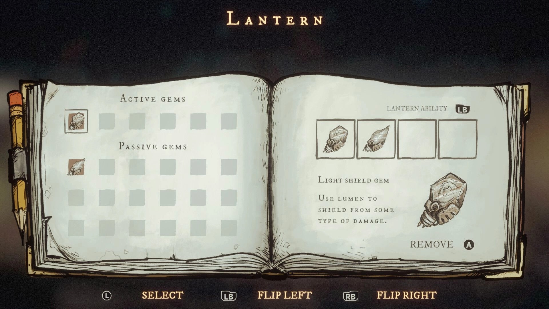 Cliff Kingdom: Lantern menu book with active/passive gem slots and Light Shield Gem description page.