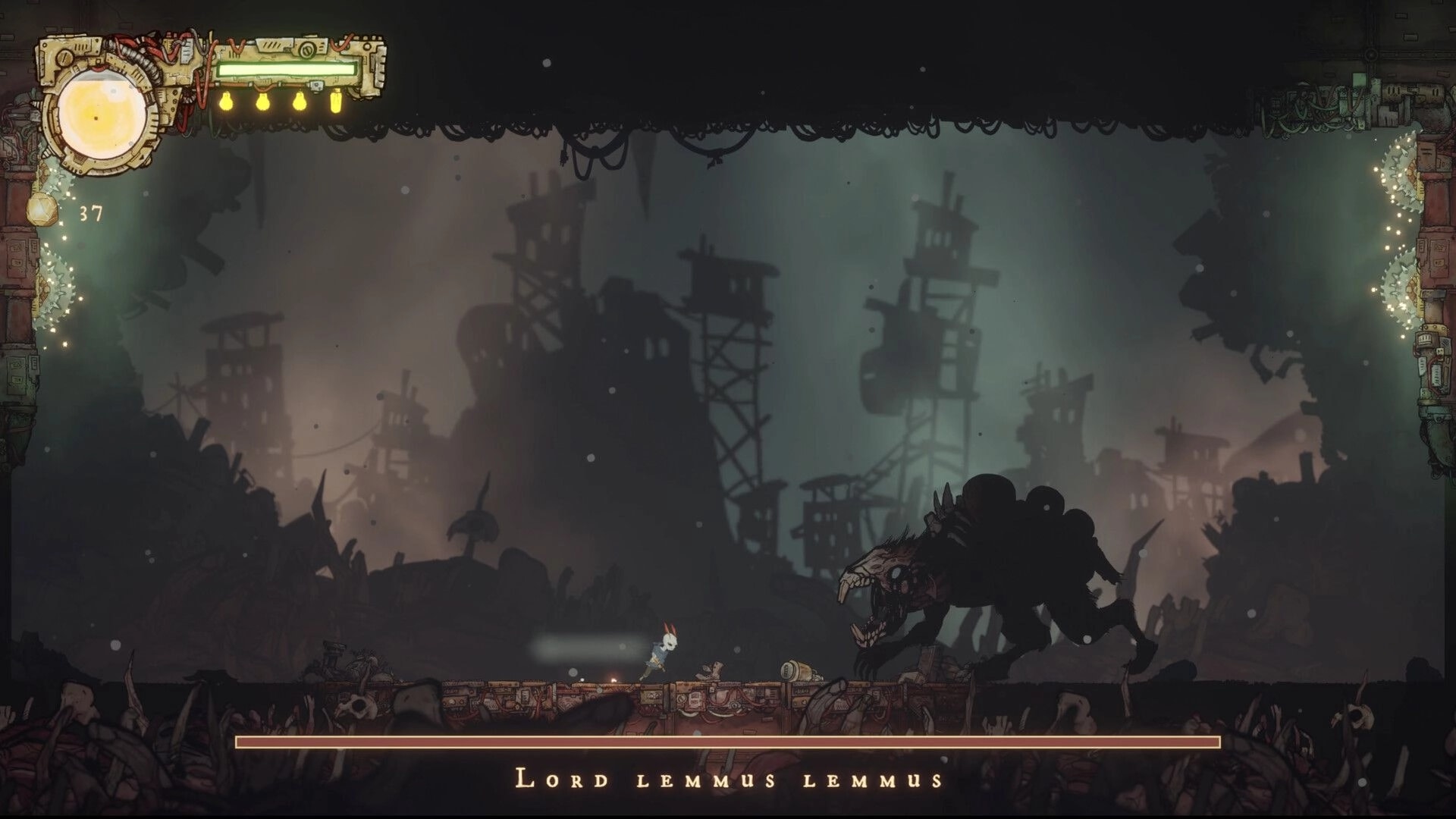 Cliff Kingdom: Mothboy faces giant beast boss as Lord Lemmus Lemmus bar appears in dark ruins.
