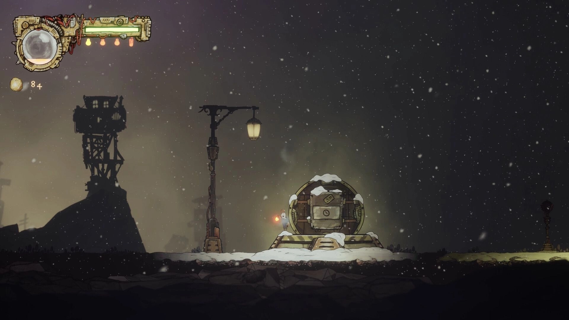 Cliff Kingdom: Mothboy hovers by a snowy hatch platform under a streetlamp as snow falls, HUD at top left.