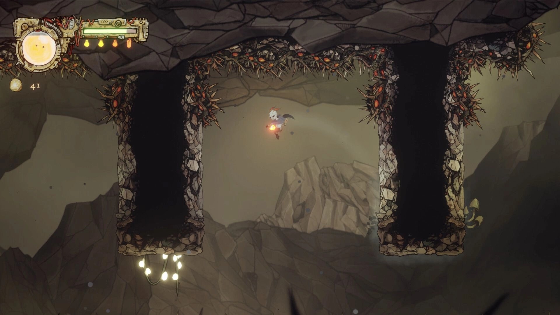 Cliff Kingdom: Mothboy jumps between spike-lined shafts in a rocky cave, HUD with health and 41 gems.