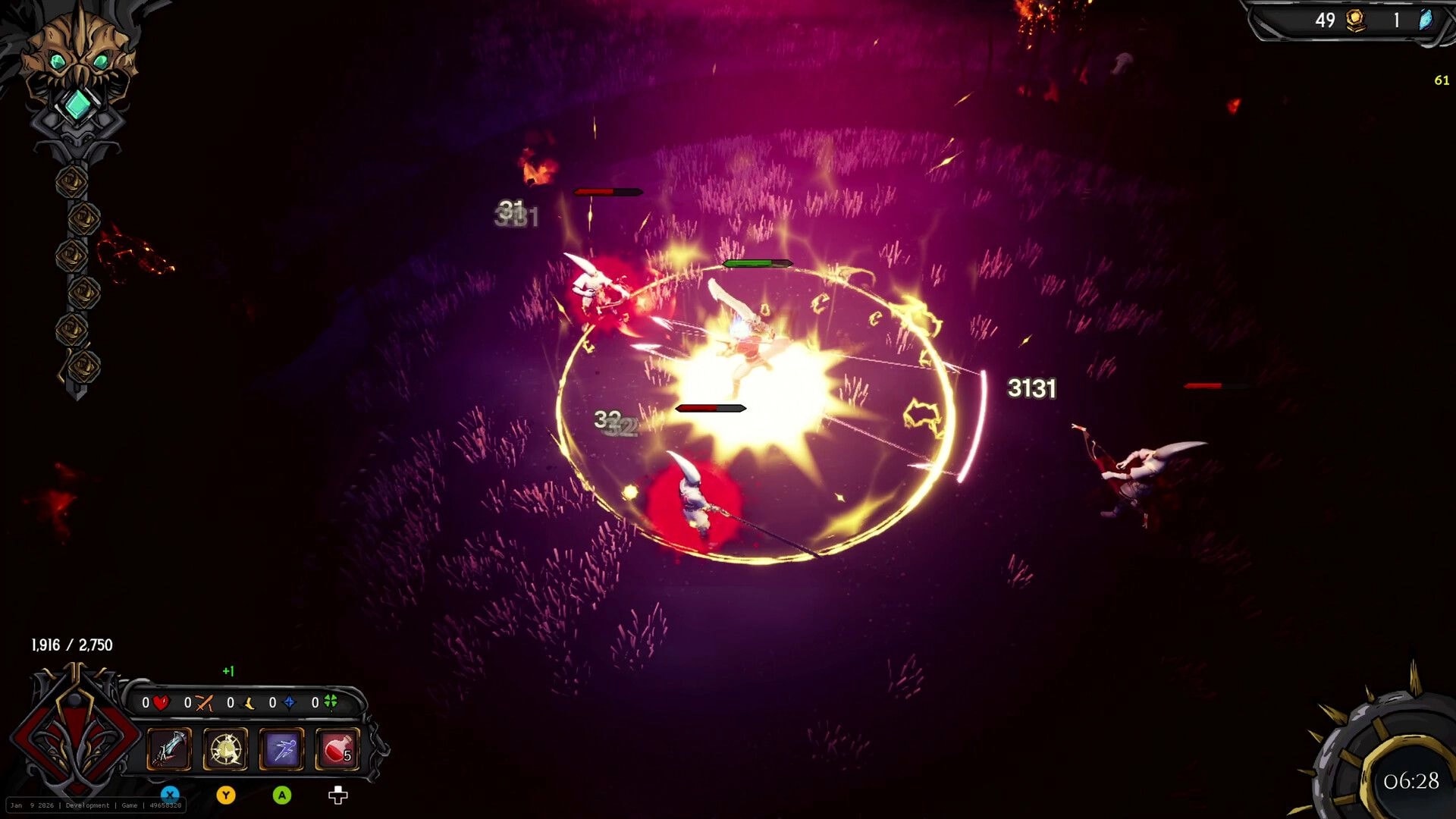 Clockfall: Hero triggers a glowing shockwave circle, hitting rabbit-like foes in a dark purple field.
