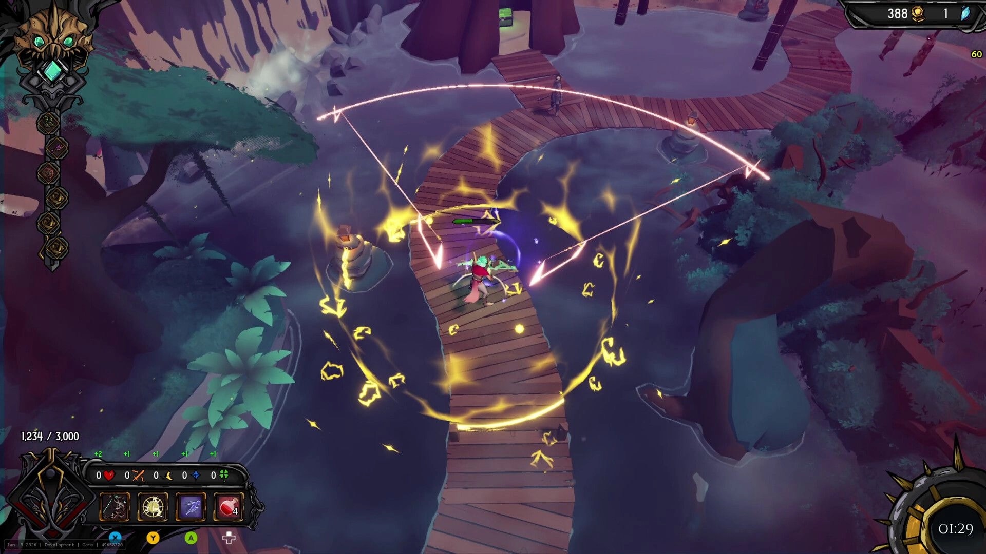 Clockfall: Hero casts a glowing arc attack on a wooden bridge over water, HUD and timer visible.