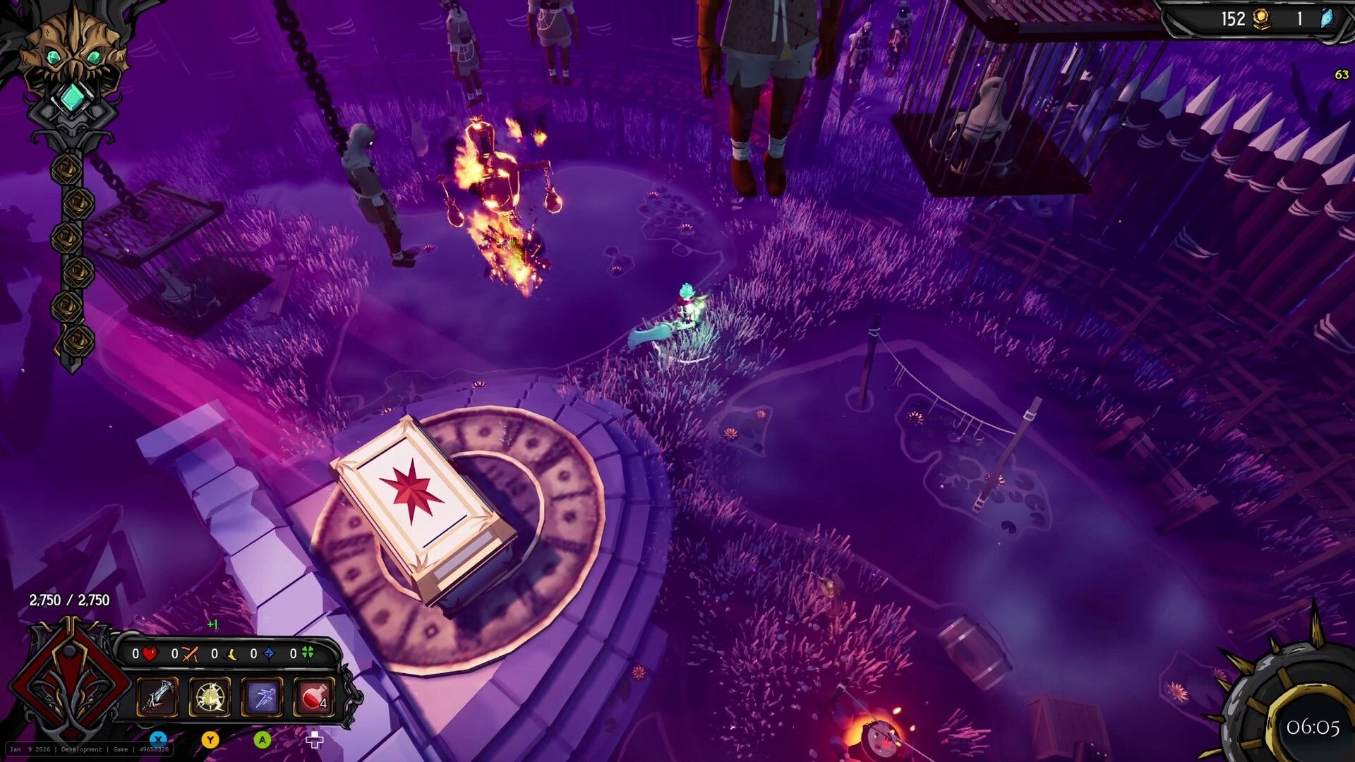 Clockfall: Hero attacks a flaming enemy near a book altar in a purple swamp arena with HUD timers.